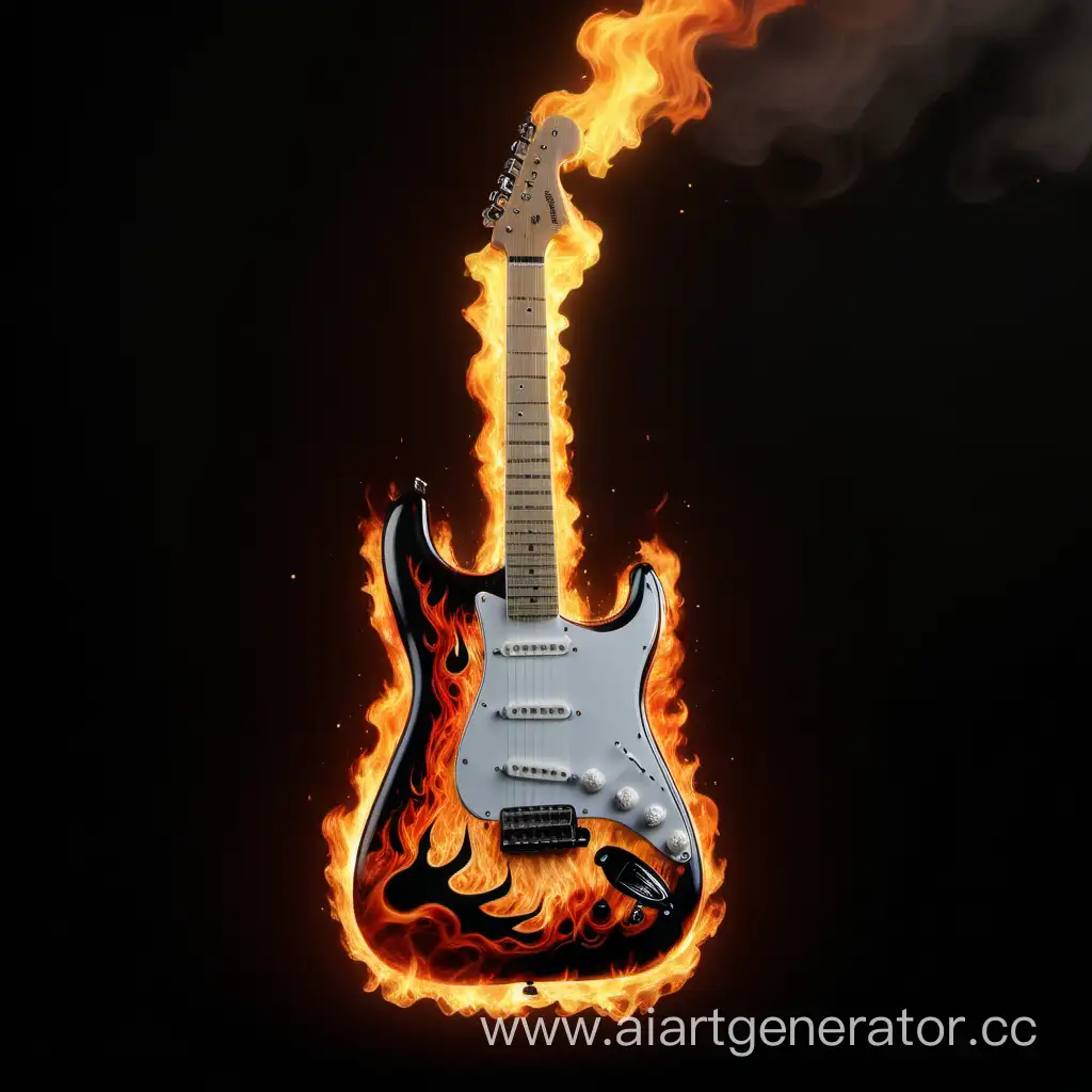 гитара фендер стратокастер в пламени огня, огонь со всех сторон, гиперреализм, 4k, суперреализм