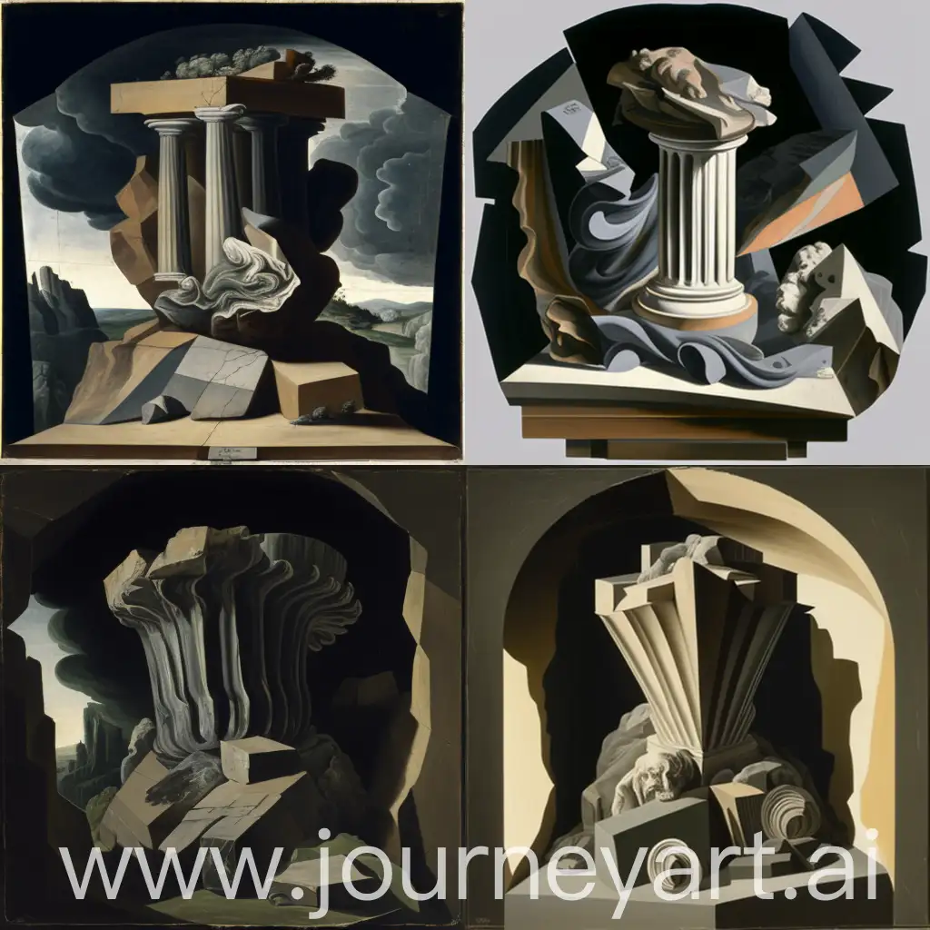 With tempera, broad strokes, a picture painted with a dark background, a vortex with many small and medium-sized three-dimensional pieces of rock, and in the center is an object carved from stone with damage and cracks, in a palette of shades of gray colors that is a combination of the rock in which they were carved part of the capital of a Doric column and an antique bust of a mother holding a sick child in her arms in half profile, in the background the half-demolished arch of the temple, in the mist that envelops it.
