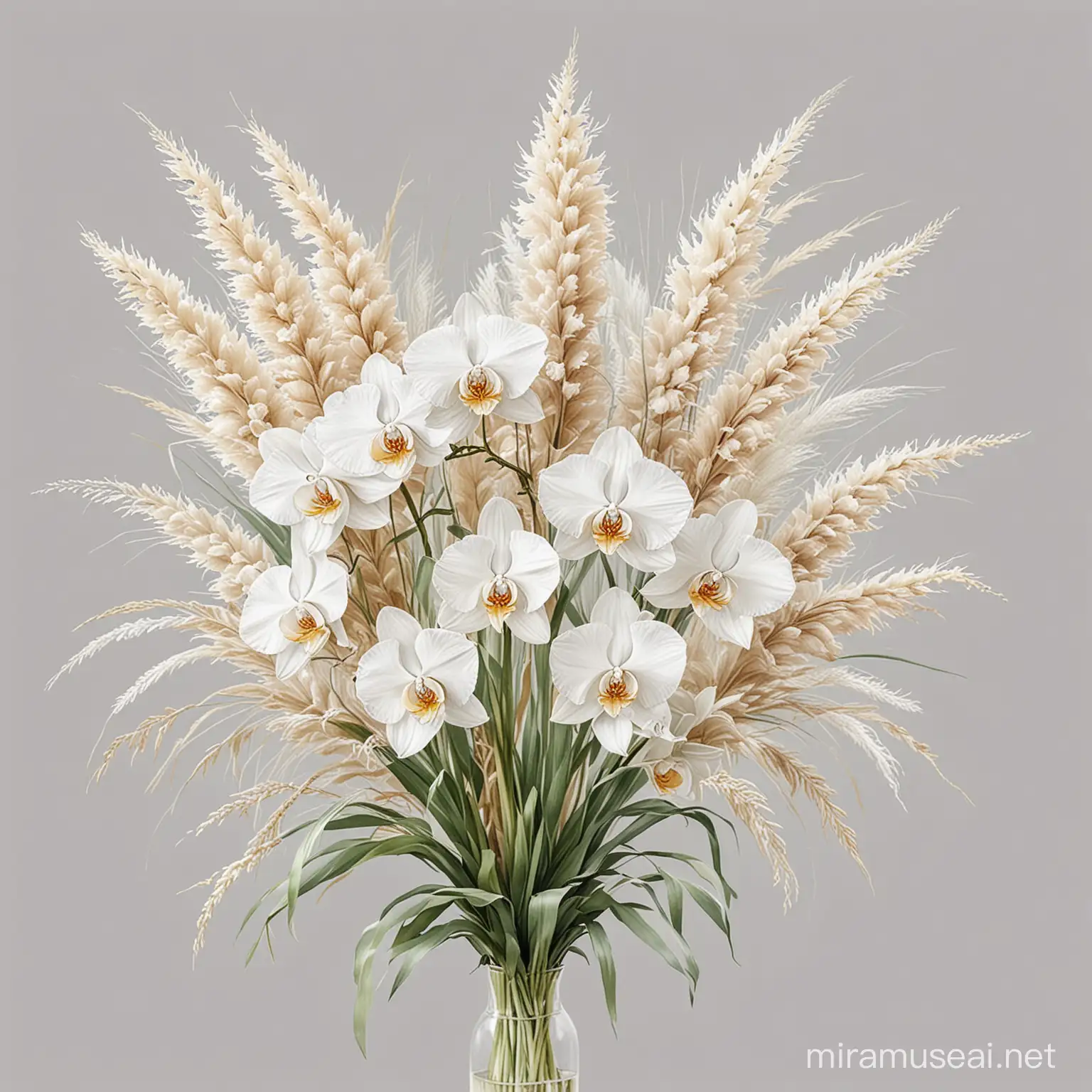 Elegant Watercolor White Orchid and Pampas Grass Bouquet on White Background