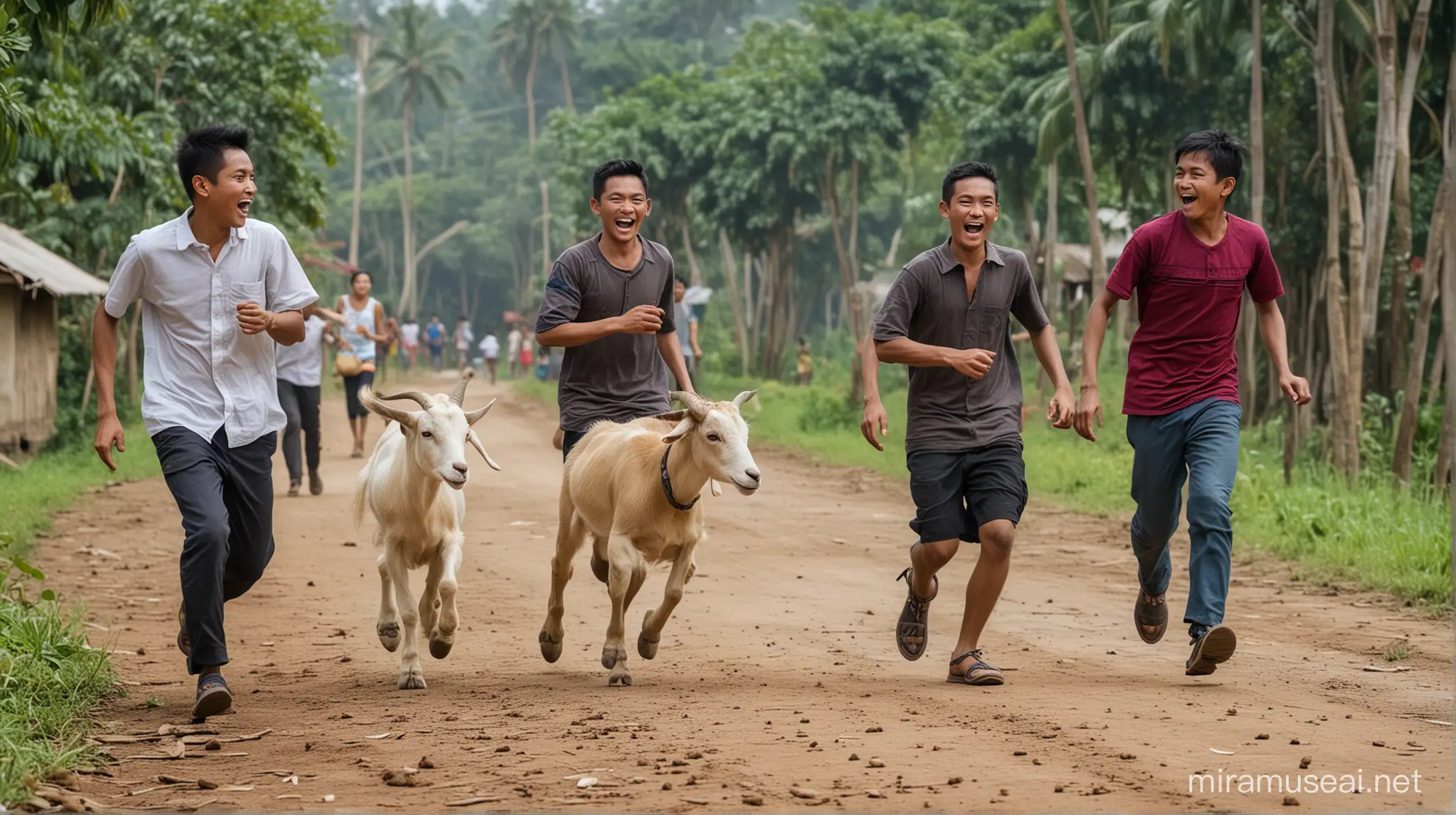 Joyful Village Youths Chasing Javanese Goat