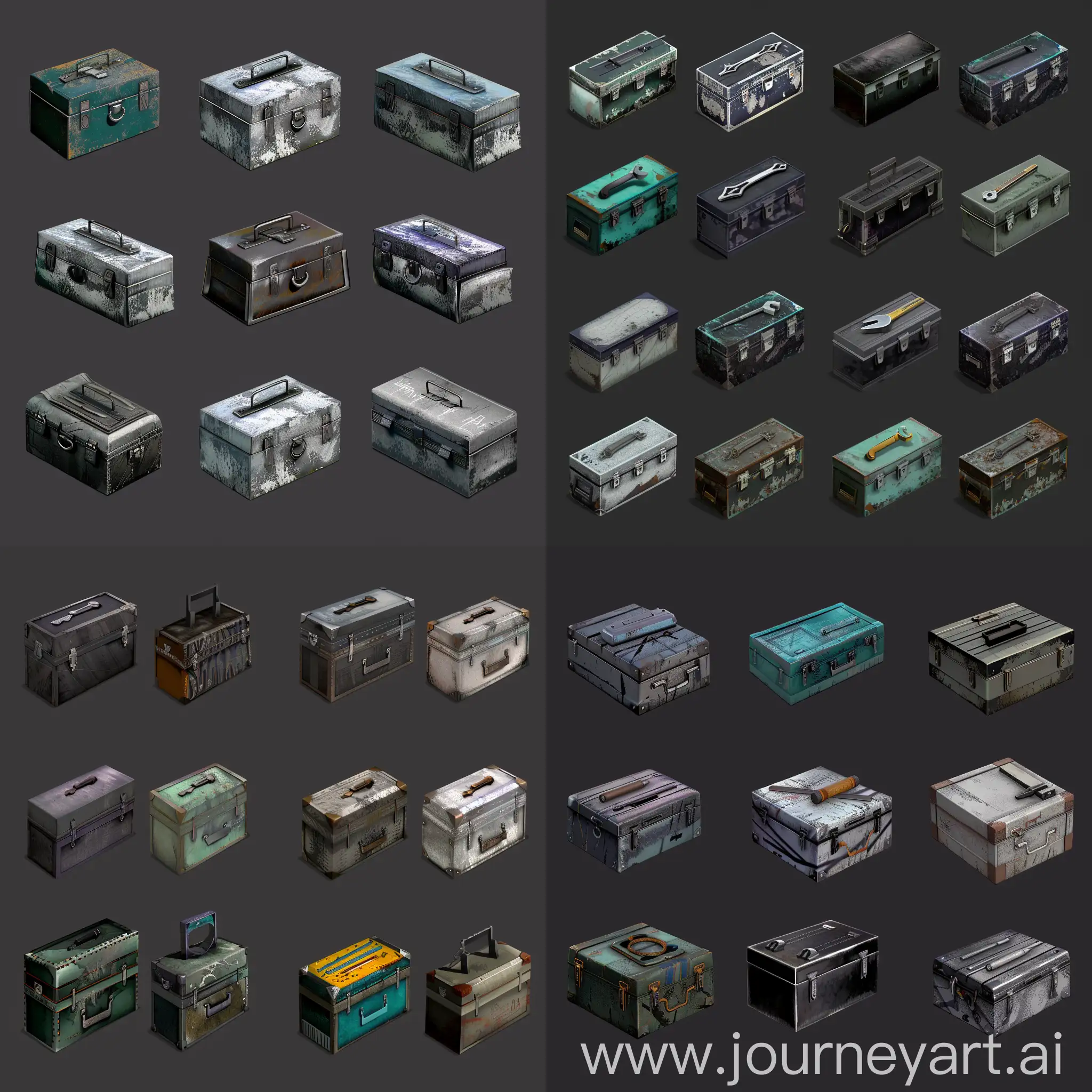 https://i.imgur.com/9T6eIaH.png isometric set of old instrument kit repair tools metal boxes without details in style of unreal engine 5, isometric set, orthographic projection, ultrarealistic style --style raw --iw 2 --s 100