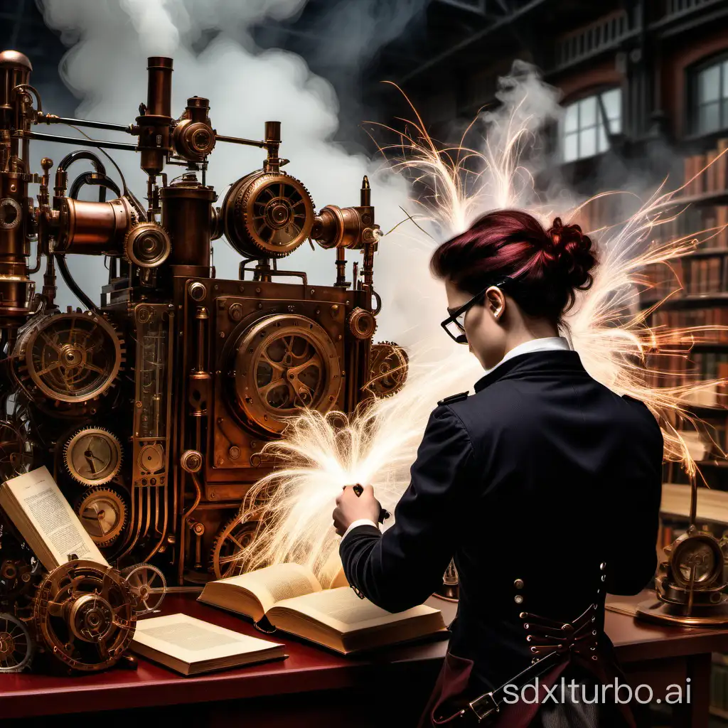 A researcher seen from behind studying complex books with many steampunk devices in the background making sparks