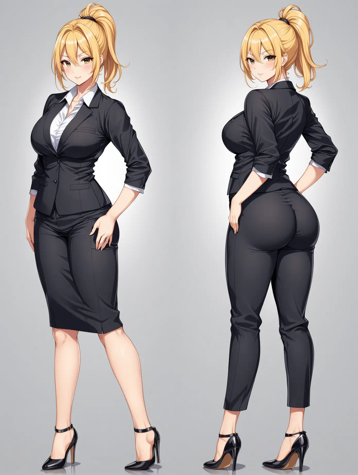 Full body picture of a sexy anime woman, age 40, height tall, big ass, blonde hair tied, office wear, ankle strip high heels, 2 poses