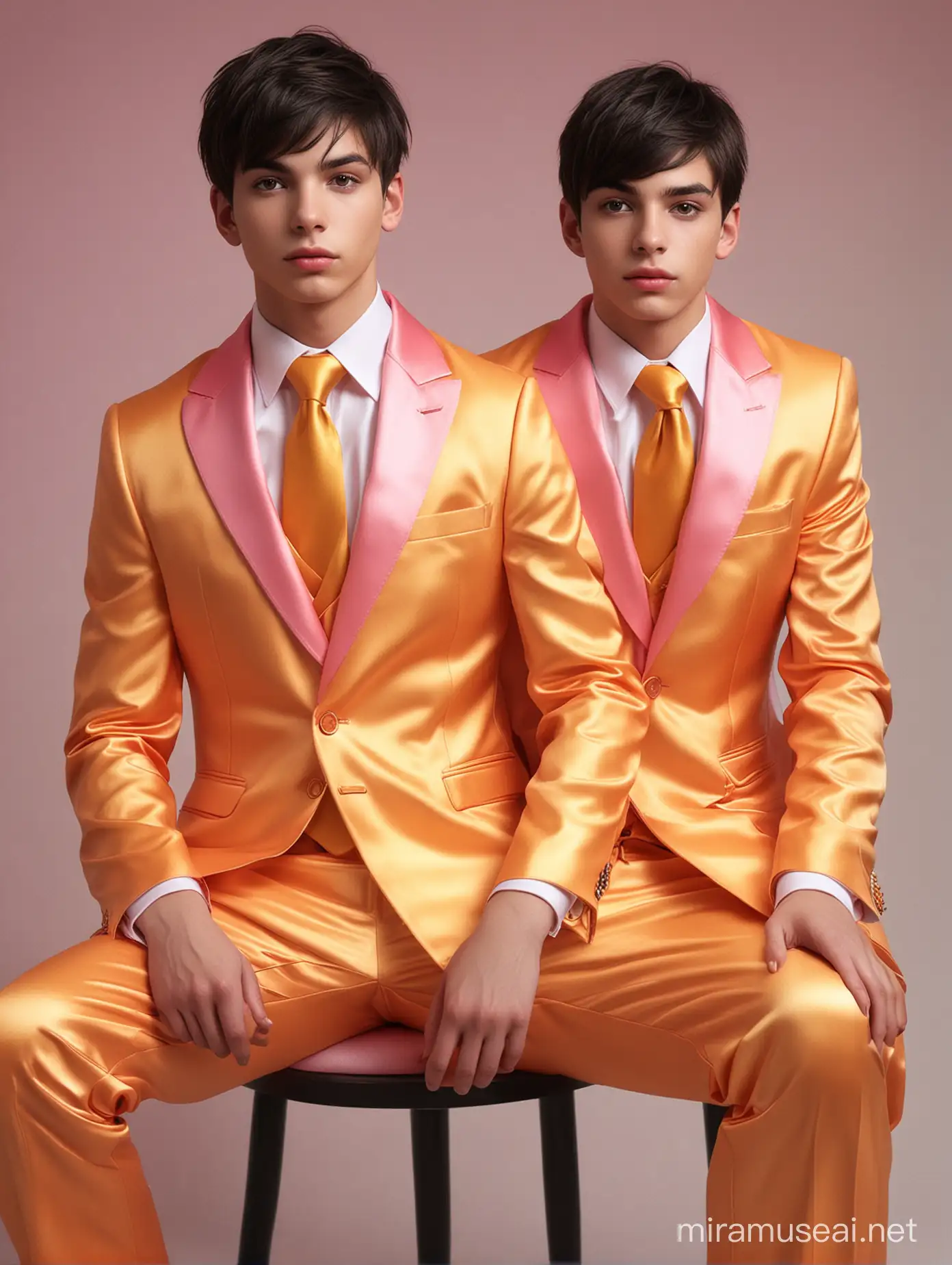 Full Body photo of 2 pretty boi twinks 20 year olds sitting on lap (((hyper-realistic face))) short dark hair, wearing shiny orange, yellow and pink satin suit and oversized tie (((detail on large shiny tie and suit pattern)))