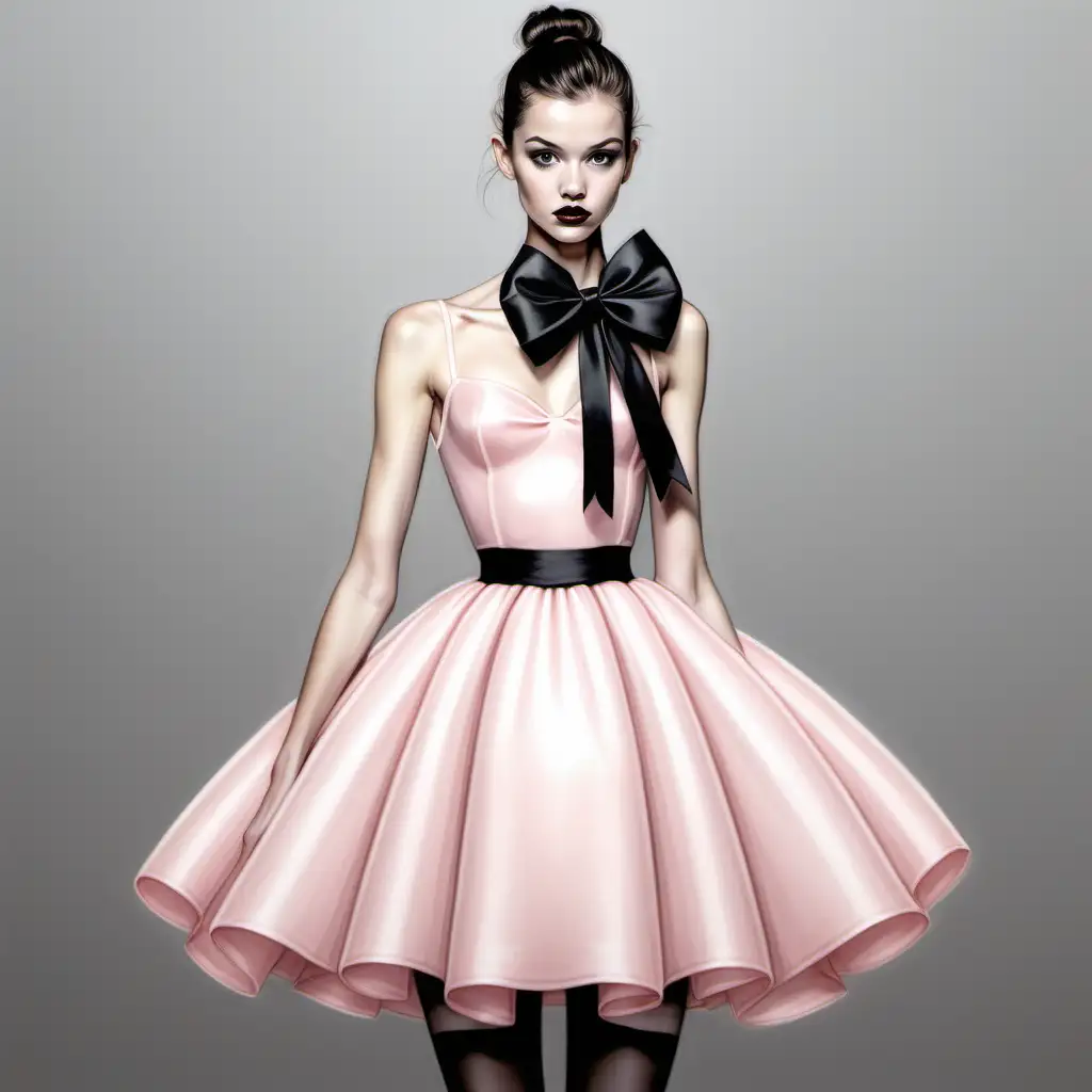 please draw me a fashion illustration of a girl wearing a baby pink ballerina-inspired dress with a huge black bow at the neckline

