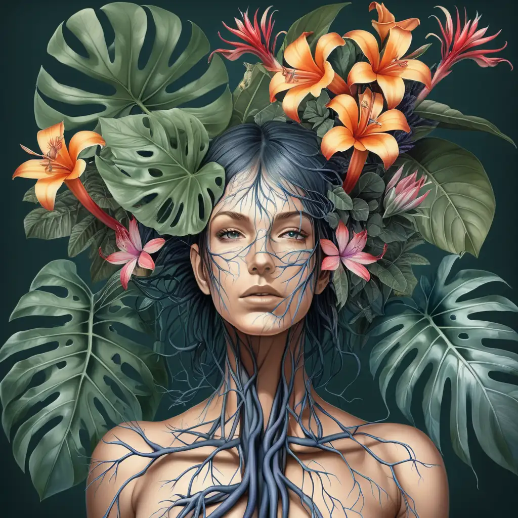 Woman Blooming Vagus Nerve and Tropical Flowers