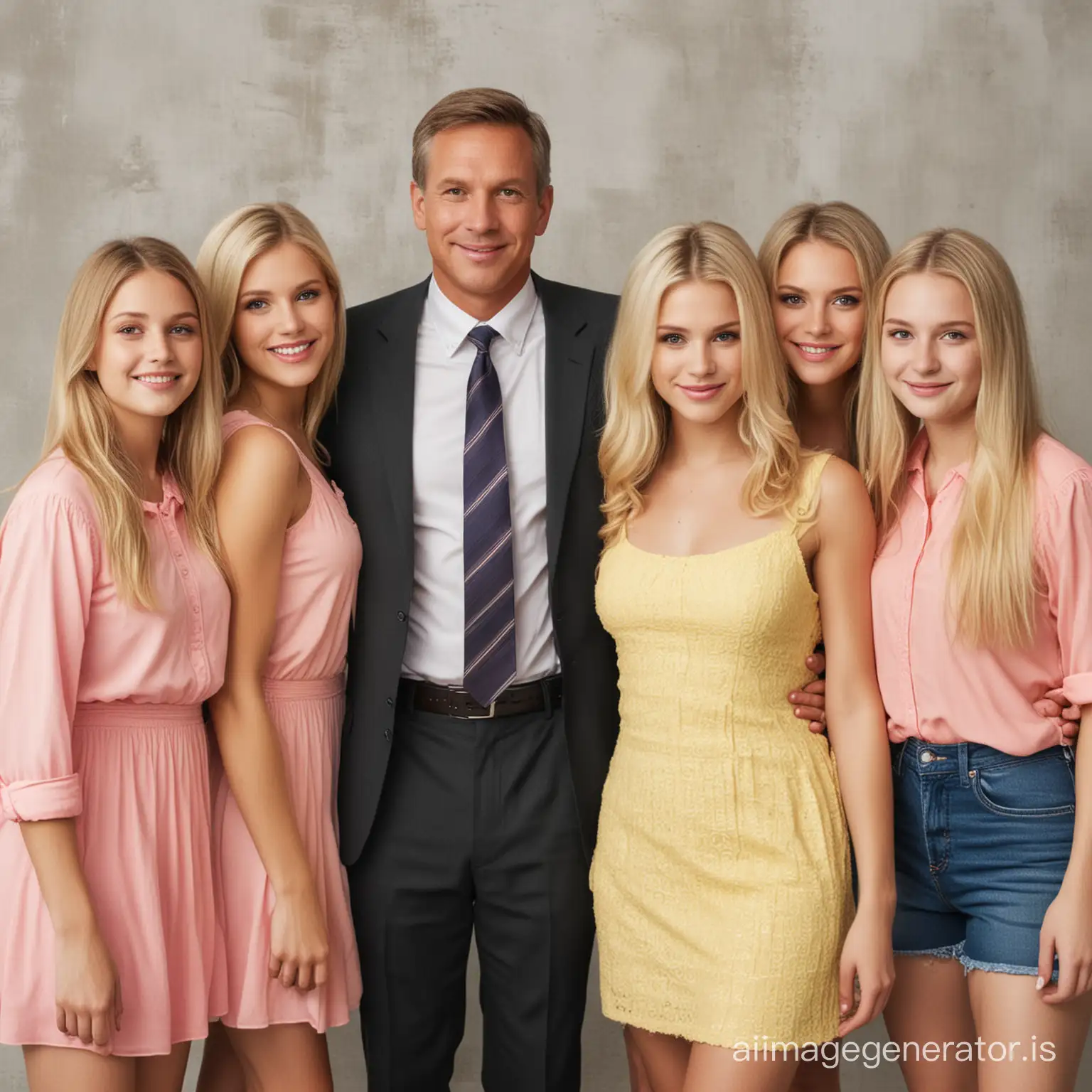 a father teacher and his wife with their 5 blonde teenage daughters