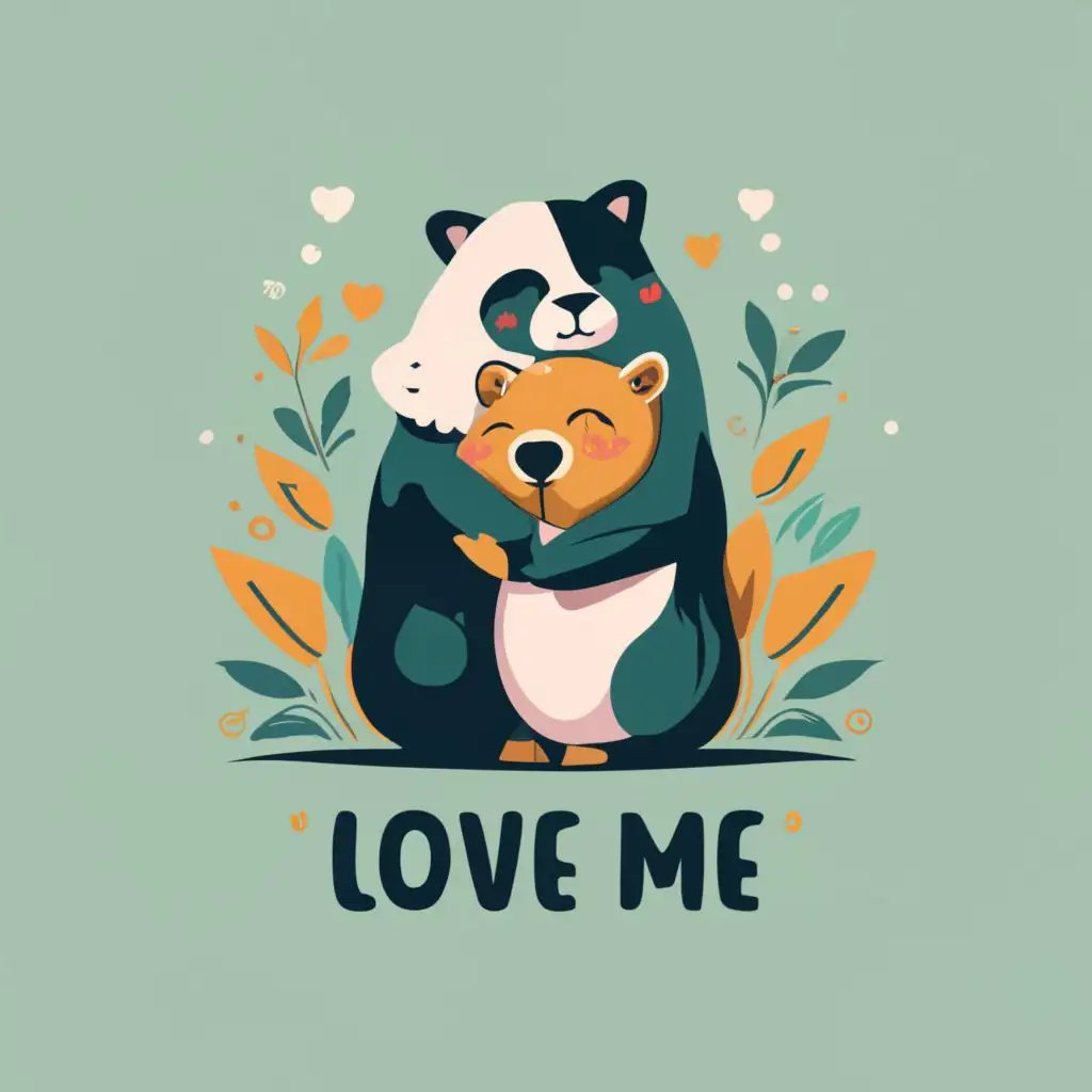 logo, A loving pair of animal characters hug each other in a minimalist style, with the text "Love me", typography, be used in Entertainment industry