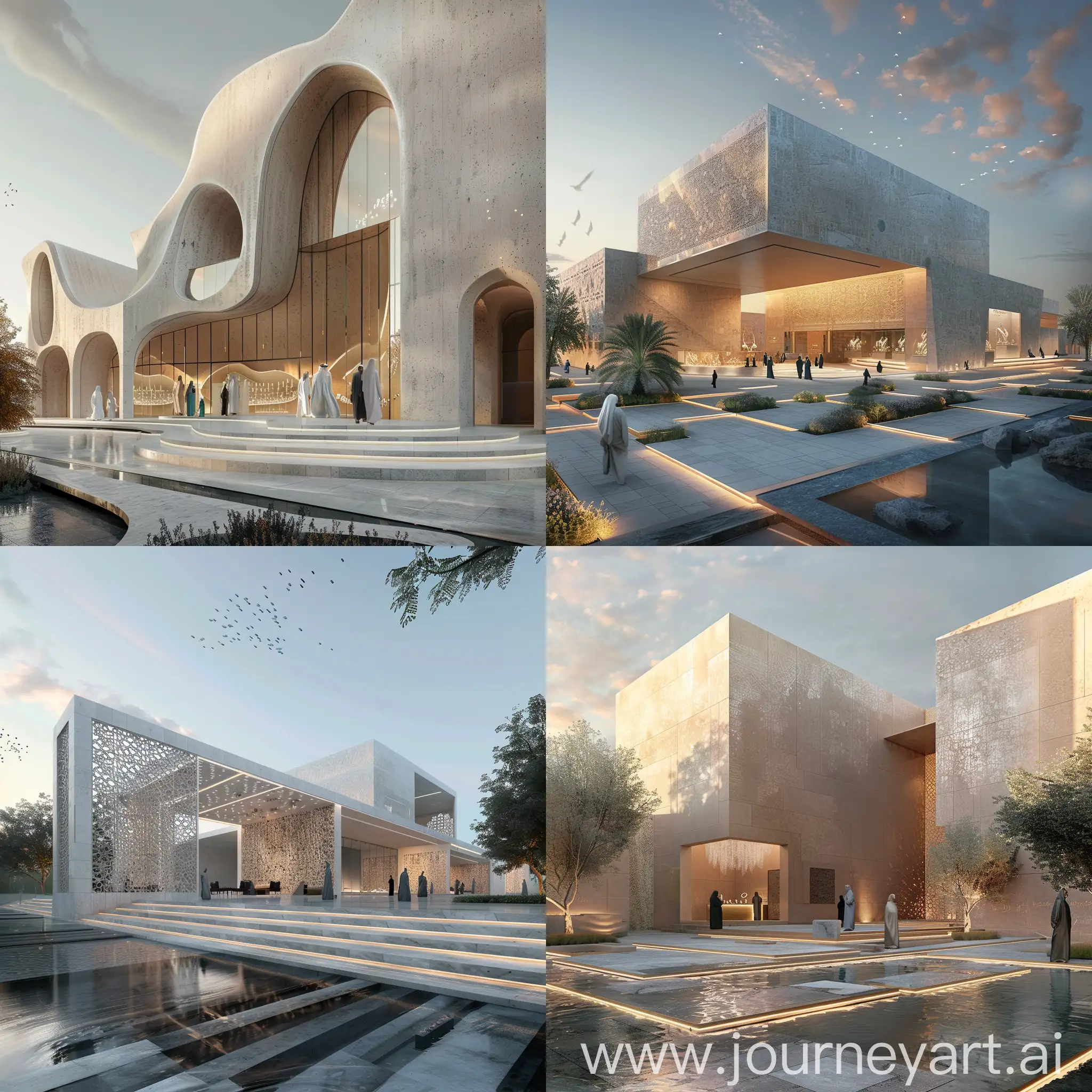 hyper realistic modern  exterior design for jewelry museum in Hijazi Arabian style and parametric landscape with interactive people