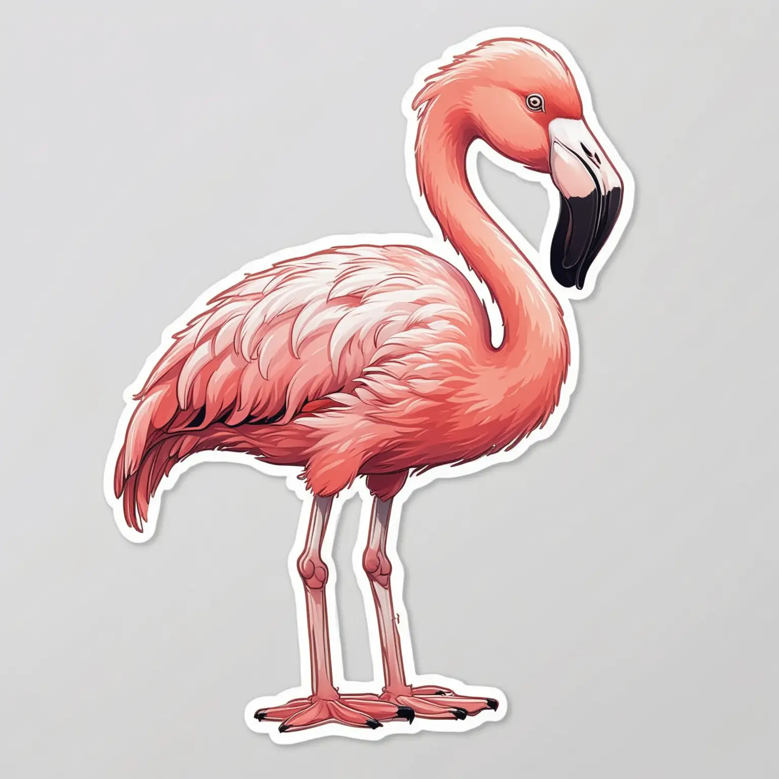 Sticker of a cute Flamingo full body, caricature style, exaggerated features, bold lines, Die-cut sticker, vector, white background
