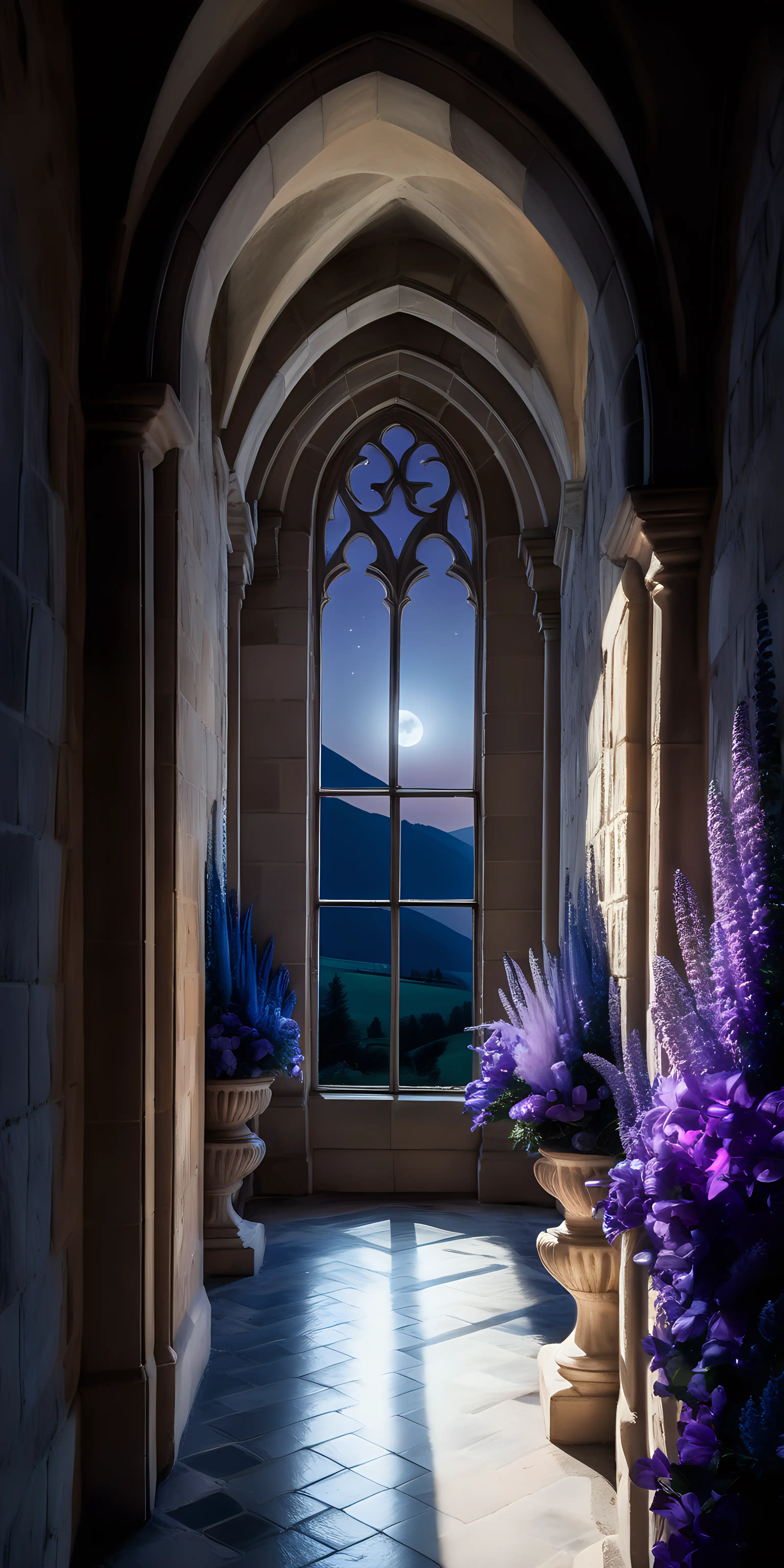 a very long hallway in a castle that leads to an arched window.  lit by moonlight. there are purple and blue flowers outside of the window