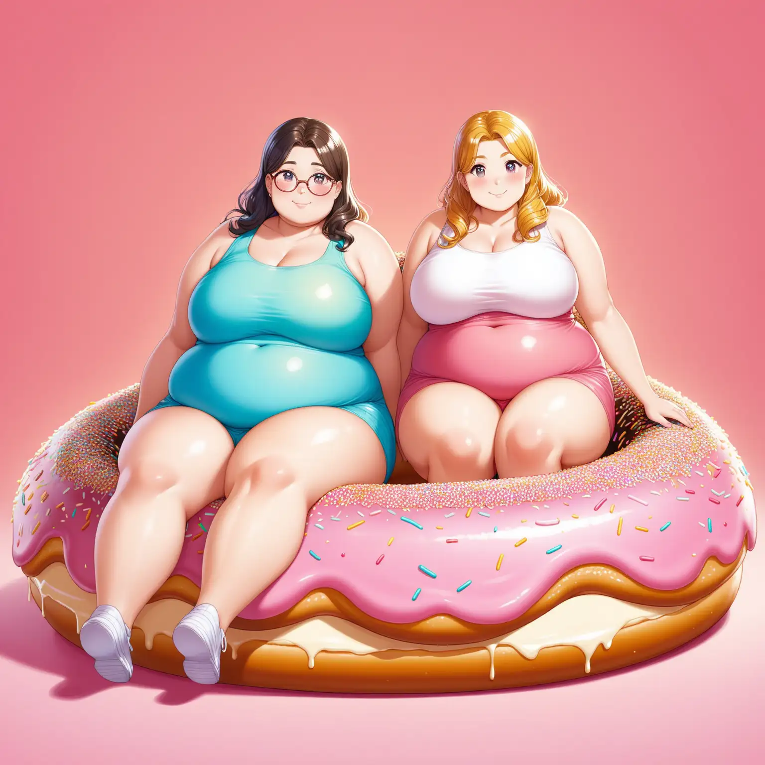two big fat ladies sitting on a giant donut