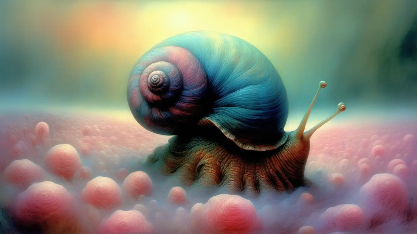 Zdzislaw Beksinski,  cute,  weird , snail with big shell, mushrooms, tentacles, furry, cotton candy , blurry, bright eyes, big eyes, pastel rainbow colors ,blurry, faded colors, fuzzy, foggy, 