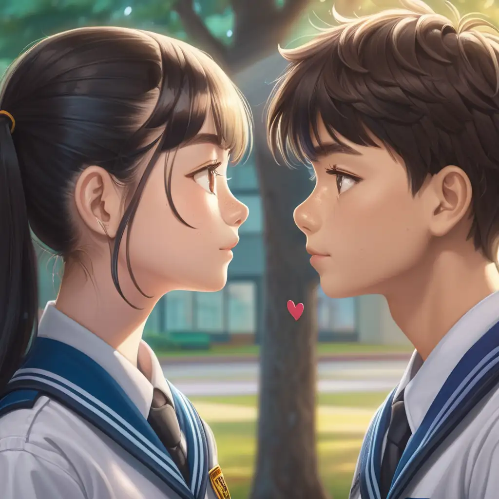School Romance Deep Gaze Between Two Students in Uniforms