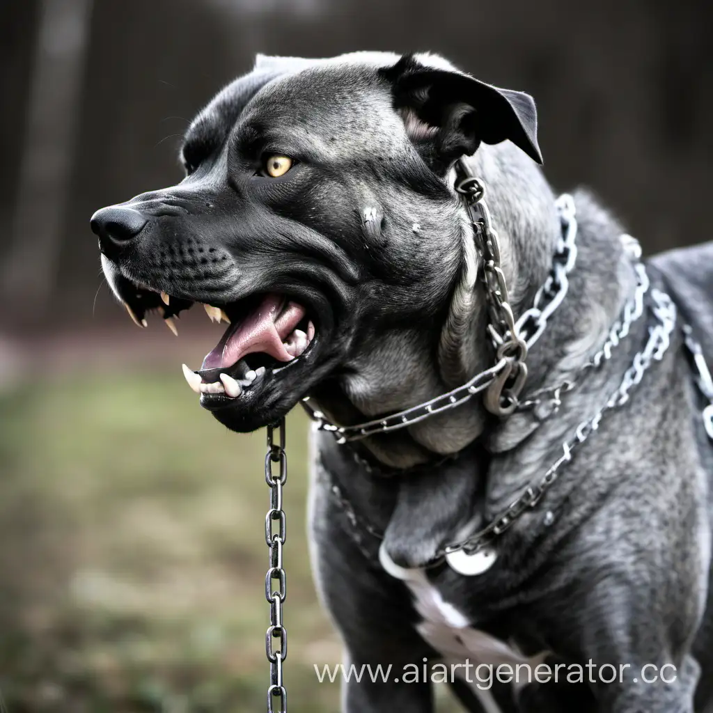 very big evil grey dog on a chain barking