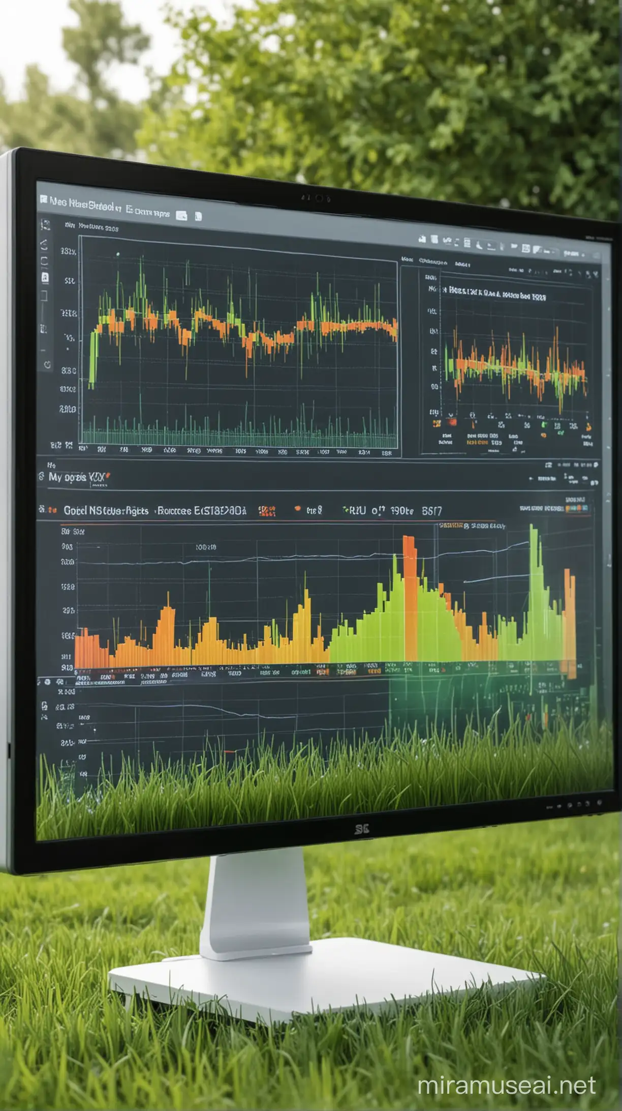The PC monitor is standing in the grass, a program is running on the screen that predicts the price of shares. Graphs and tables are visible on the screen. Very bright image. Graphs on a white background. Computer without logo. Minimalistic PC and graphs