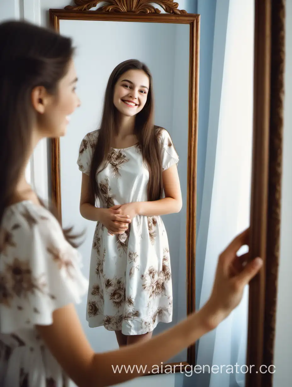 Комната, около красивого зеркала стоит красивая девушка 20 лет,длинные тёмно коричневые волосы , красивая улыбка, в белом в цветочек платье,смотрит на своё отражение в зеркале,около зеркала стоит портрет пожилой женщины.