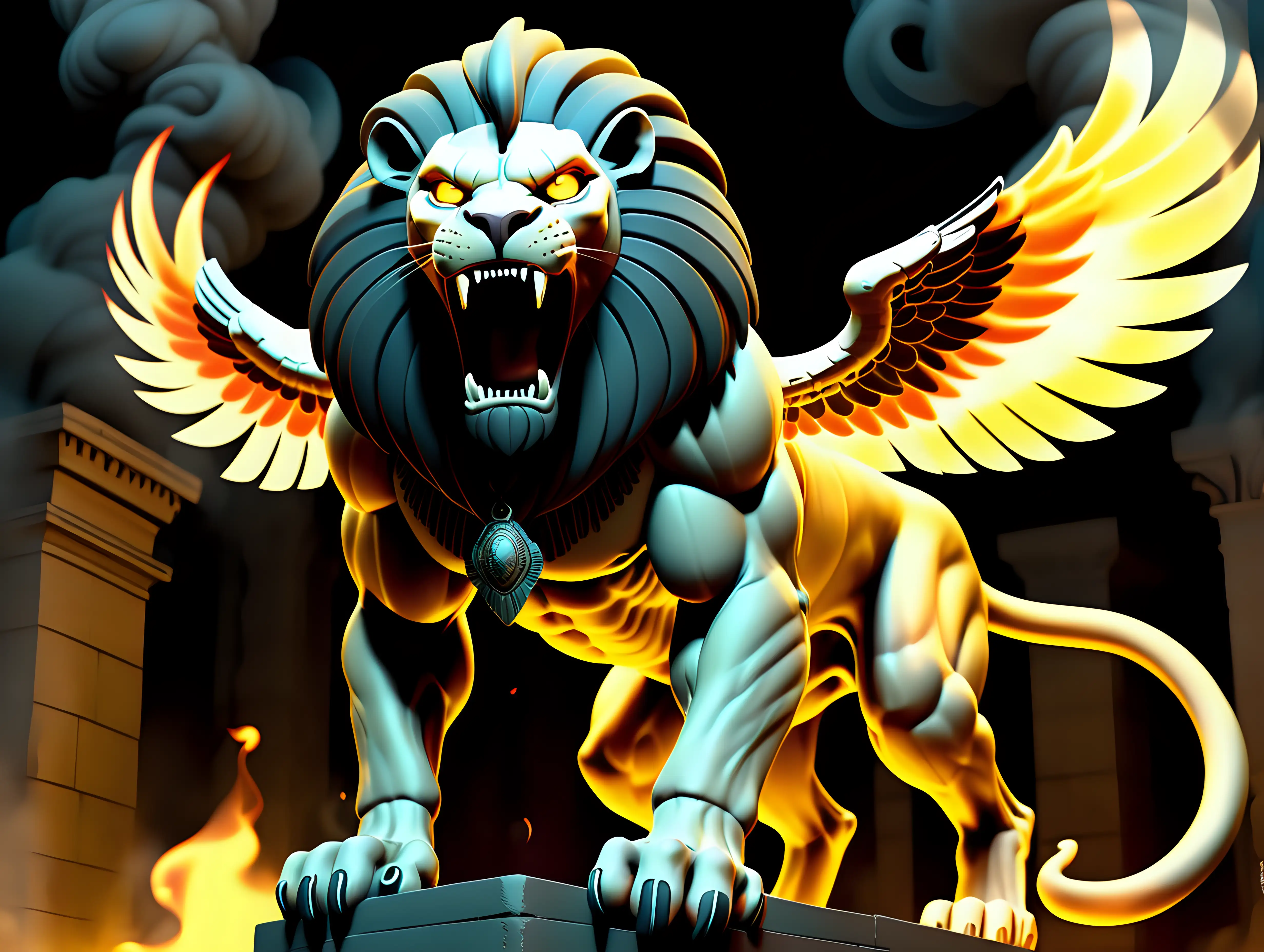 fire. flames. male body. big muscles. fangs. full body, Dystopian Ruin. smoke. smoky atmosphere. yellow eyes. Cool Black. night time. low light. The Sphinx has a lion's body, bird's wings and a female head. 