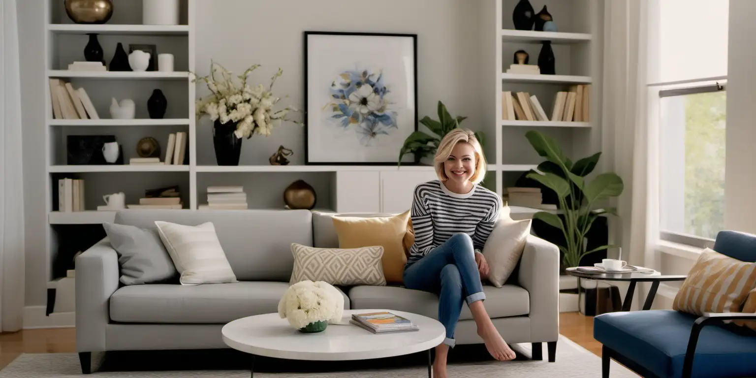 Chic Living Room Bliss Radiant Blonde Woman in Modern Elegance