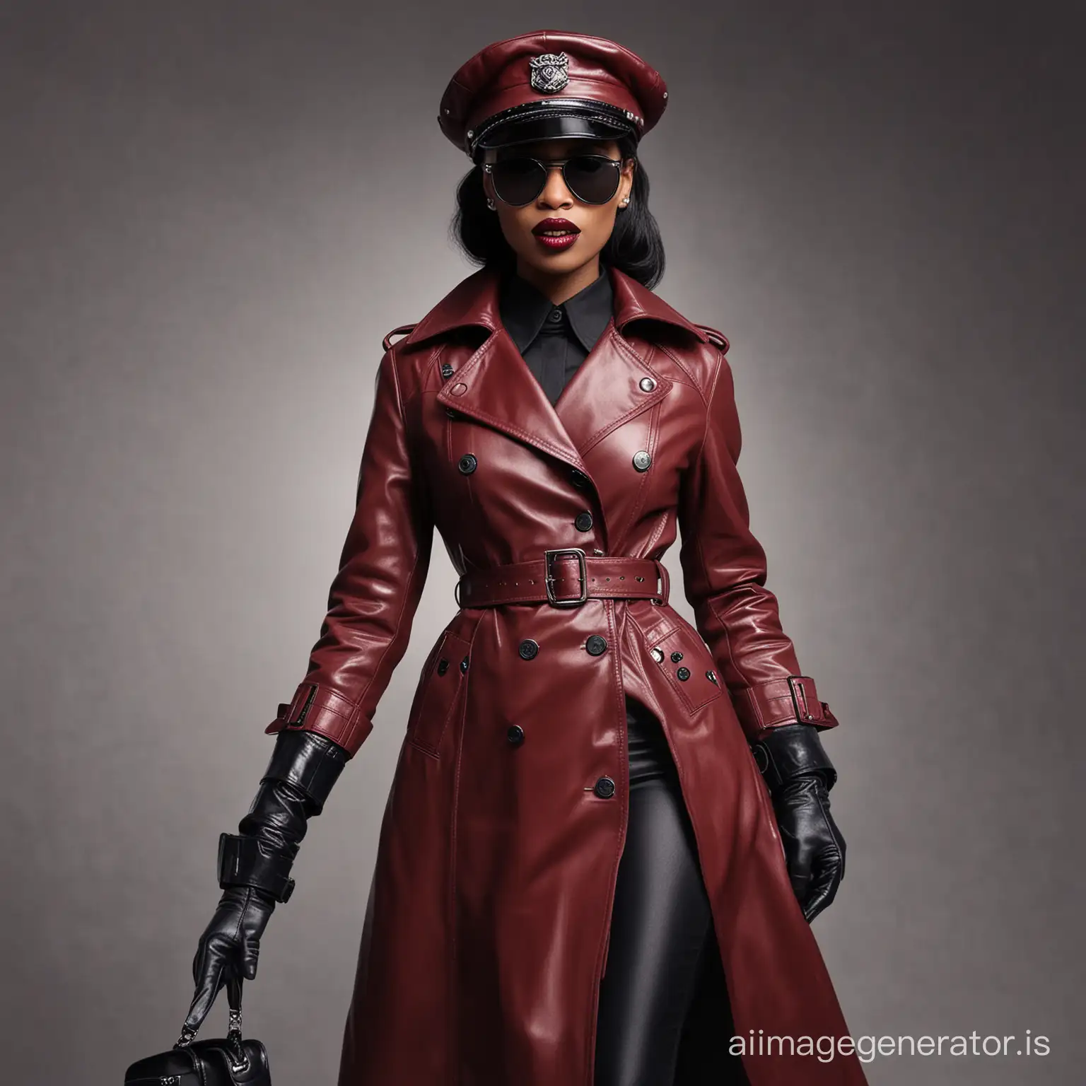 Stylish-Ebony-Woman-in-Dark-Red-Leather-Trench-Coat-and-Accessories