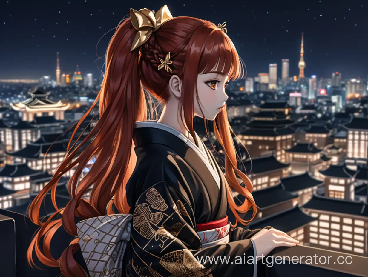 Красивая аниме девушка с длинными рыжими волосами. Девушка находится на крыше высокого здания на фоне ночного города. У девушка коричневые глаза. У неё красивые губы и аккуратный нос. Девушка одета в чёрное кимоно с золотыми рисунками.  У неё  в волосах заплетен белый бант