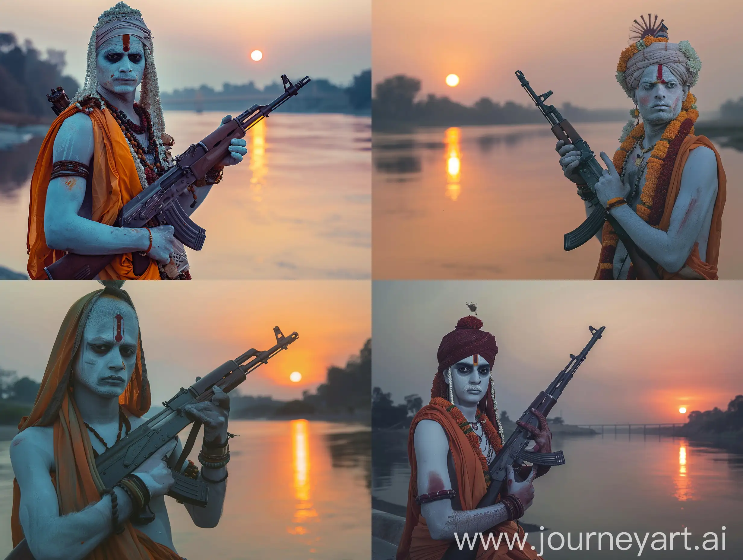 "Capture the essence of a young, handsome, white-skinned Brahmin priest with an AK-47 by the river at sunrise, showcasing the intriguing blend of tradition and modernity."
