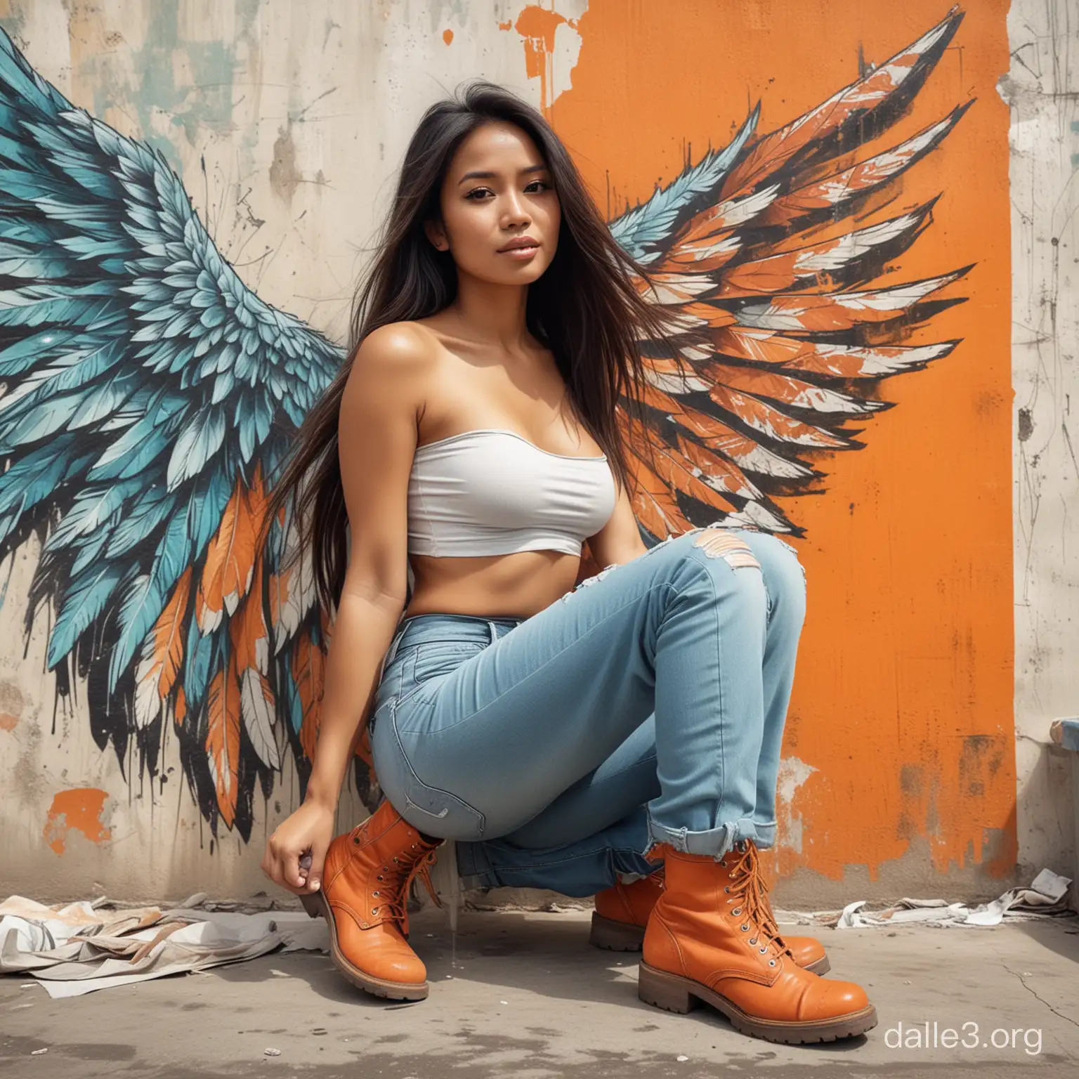 ilustrasi hiper realistik, komik, garis kasar, warna natural, potret wanita Indonesia, 30 tahun, rambut panjang, berat badan sedang, memakai tube top kain, jeans robek, sepatu boots tinggi, duduk jongkok sambil memeluk lutut, background dinding kotor dengan mural yang menggambarkan sayap besar, sudut rendah, corak warna oranye dan cyan, warna dan bentuk kontras, pose dinamis