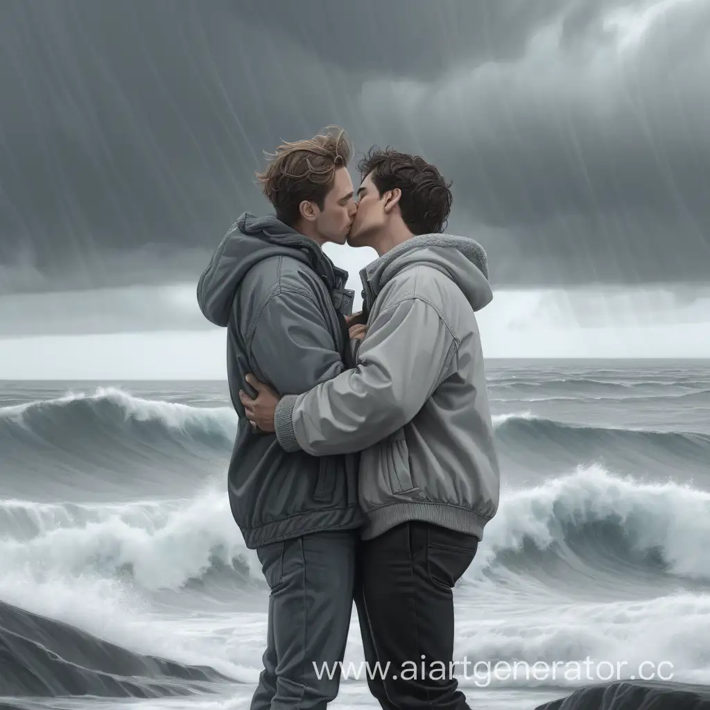 Два парня целуются и обнимаются  на фоне штормового моря, пасмурное небо, спокойные волны, серая гамма, изображение в профиль по пояс, вблизи, нарисованный референс 