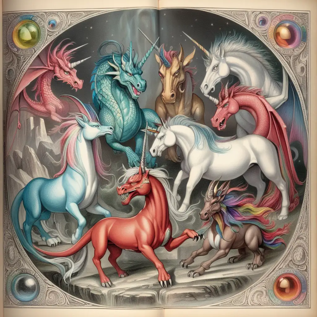 page with color mystical creatures; dragon, unicorn, cyclops
