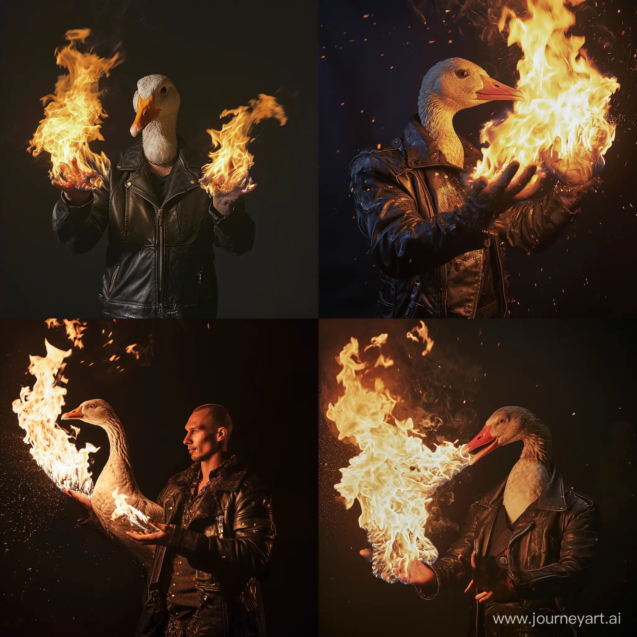 Mystical-Goose-in-Leather-Jacket-Manipulating-Fire