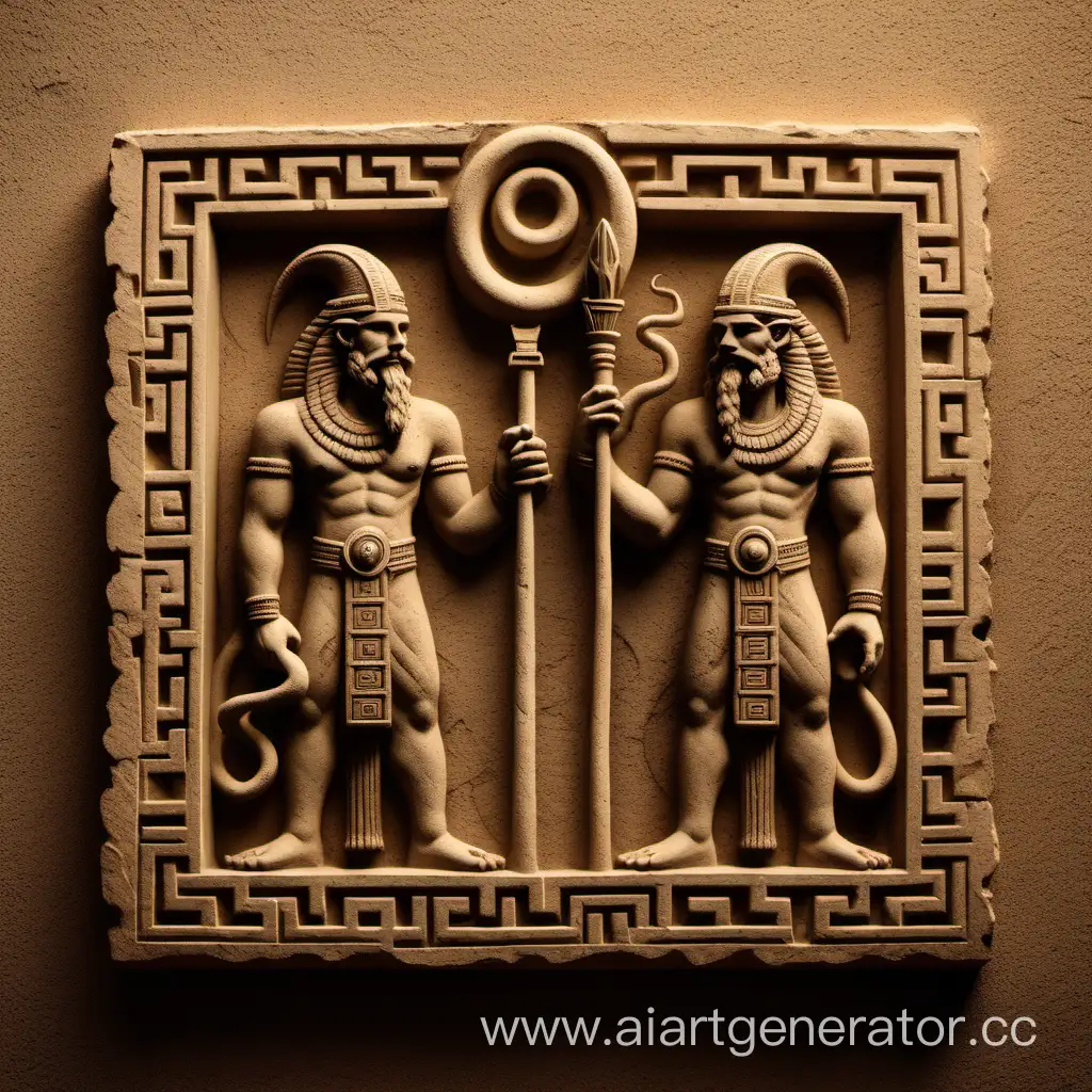 Simple logo of a lava border frame Twins gods in Sumerian relief style, one holding a scepter in hand and the other holding a snake.