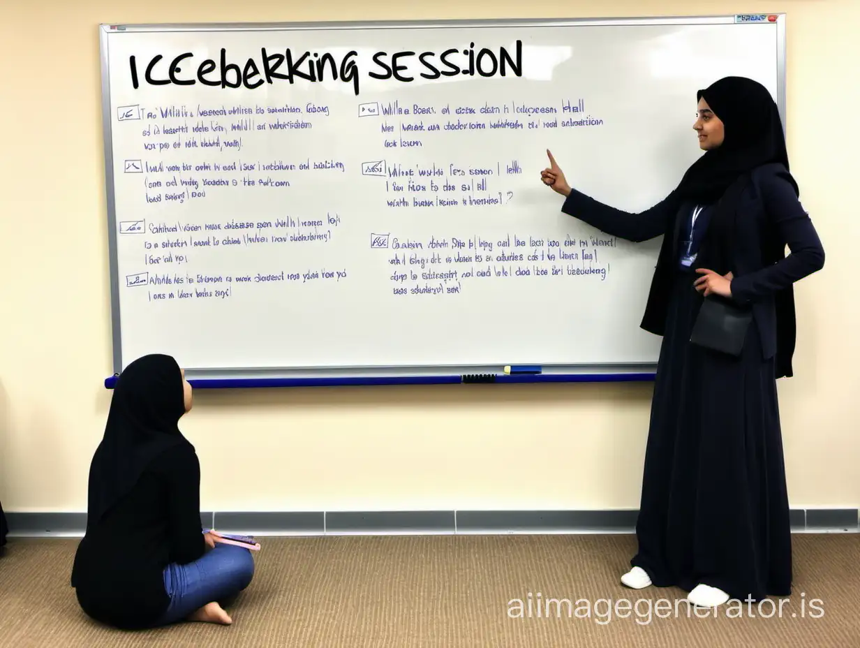 icebreaking session writen on whiteboard, teacher pointing a finger to whiteboard start teaching whille student watching siting on floor, girls  wear hijab,  50 studnet in the hall! theacer is standing, the whiteboard writen  ice breaking session bigger, every student pay atention to her 
