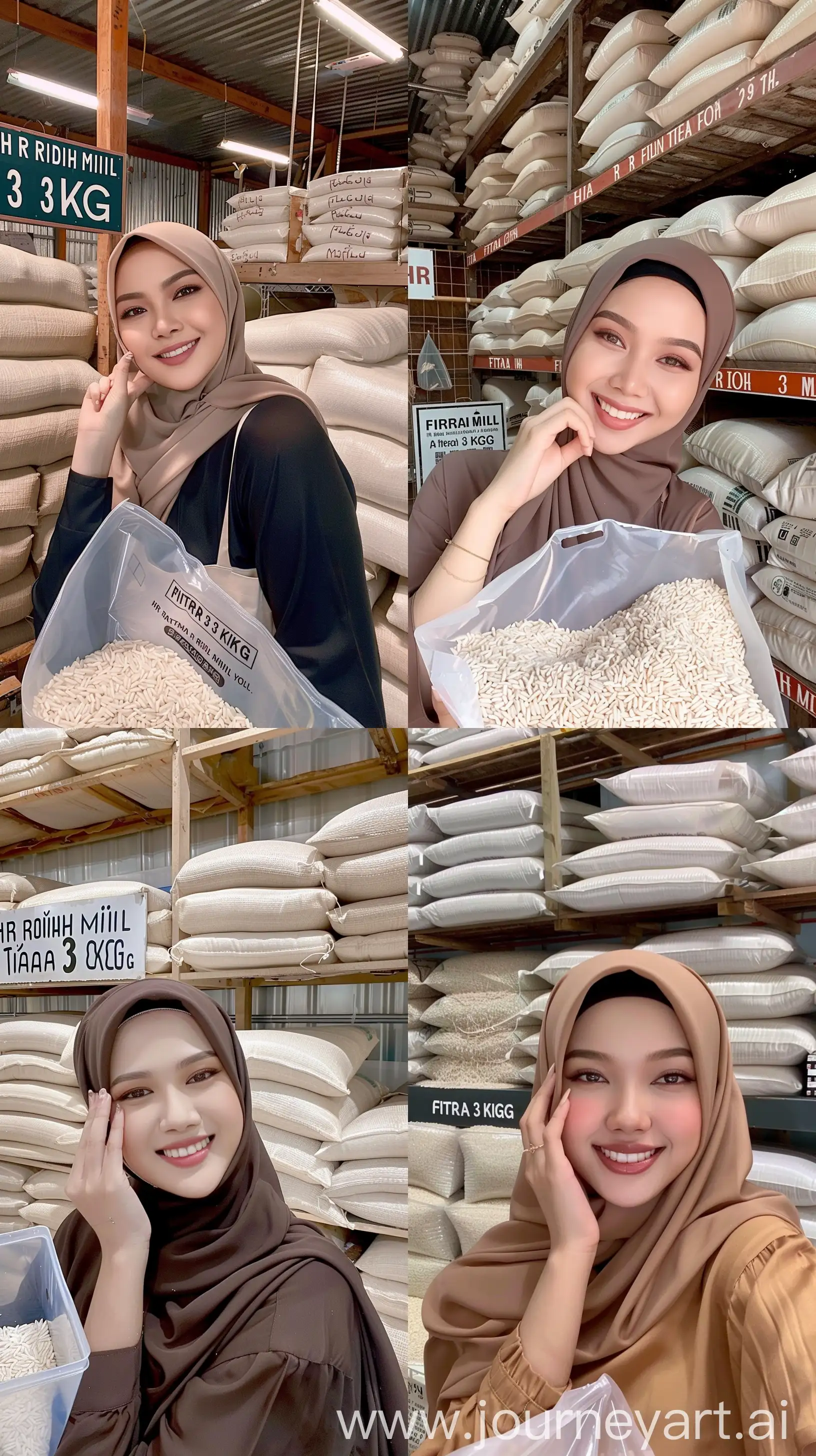 aestethic selfie, blackpink's jennie, wear hijab, inside indonesian modern rice store, hand on cheek, warm smile,  the are stacks of white rice sacks at the store, carrying white rice in square plastic bag packaging, "FITRAH 3 KG" is written on the plastic packaging, "HR RICE MILL" is written on the sign board --ar 9:16 