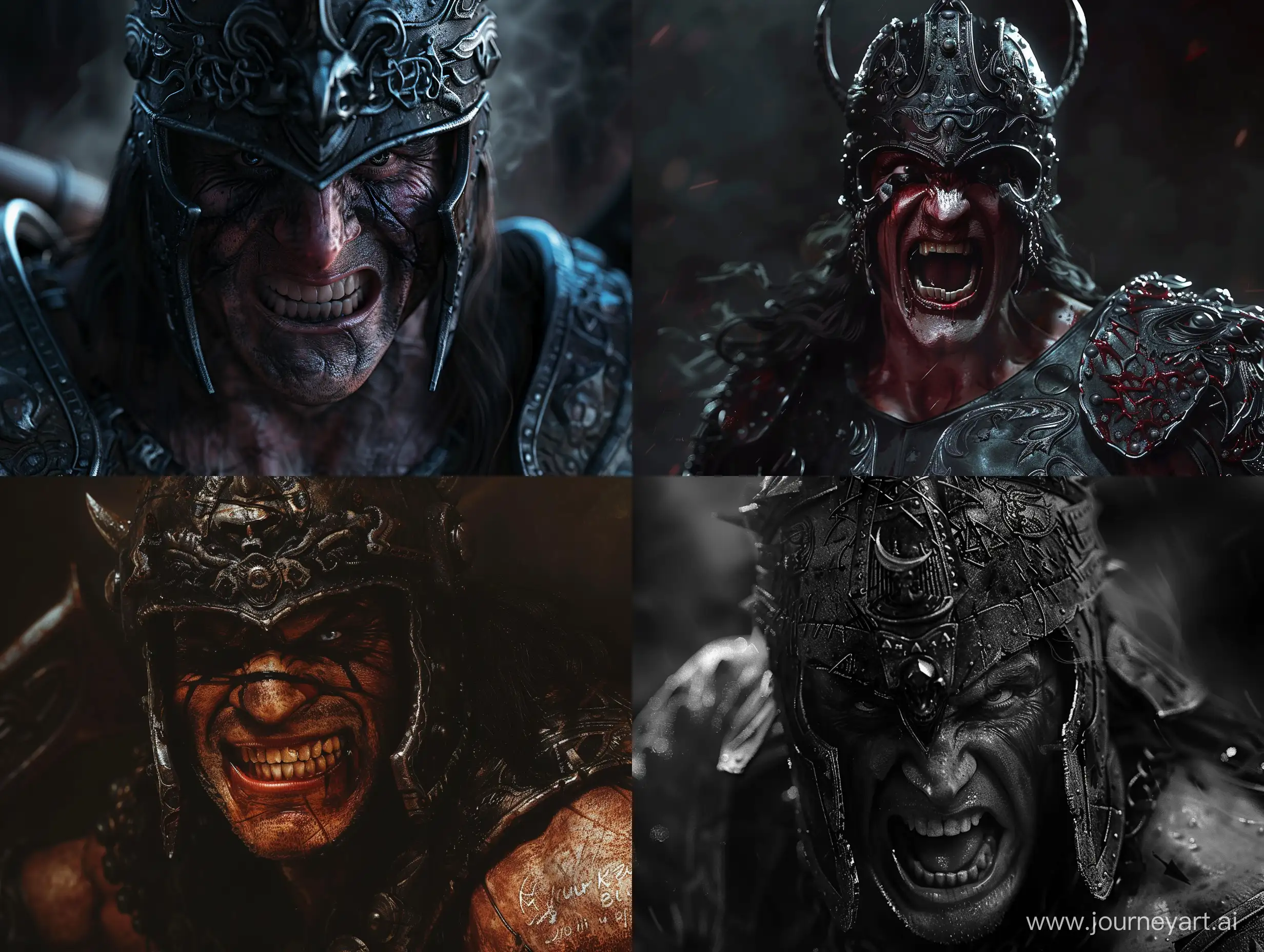 Kurgan portrayed by clancy brown in highlander ,full body shot, ominous,sinister smile,intimidating pose, with detailed feaures wearing his helmet and costume branding his great sword  all shown in the film,dark ,masterpiece high detail hyperrealistic oil painting beautiful detailed intricate insanely detailed octane render trending on artstation, 8 k artistic photography, photorealistic concept art, soft natural volumetric cinematic perfect light, chiaroscuro, award - winning photograph, masterpiece, oil on canvas, raphael, caravaggio, greg rutkowski, beeple, beksinski, giger long