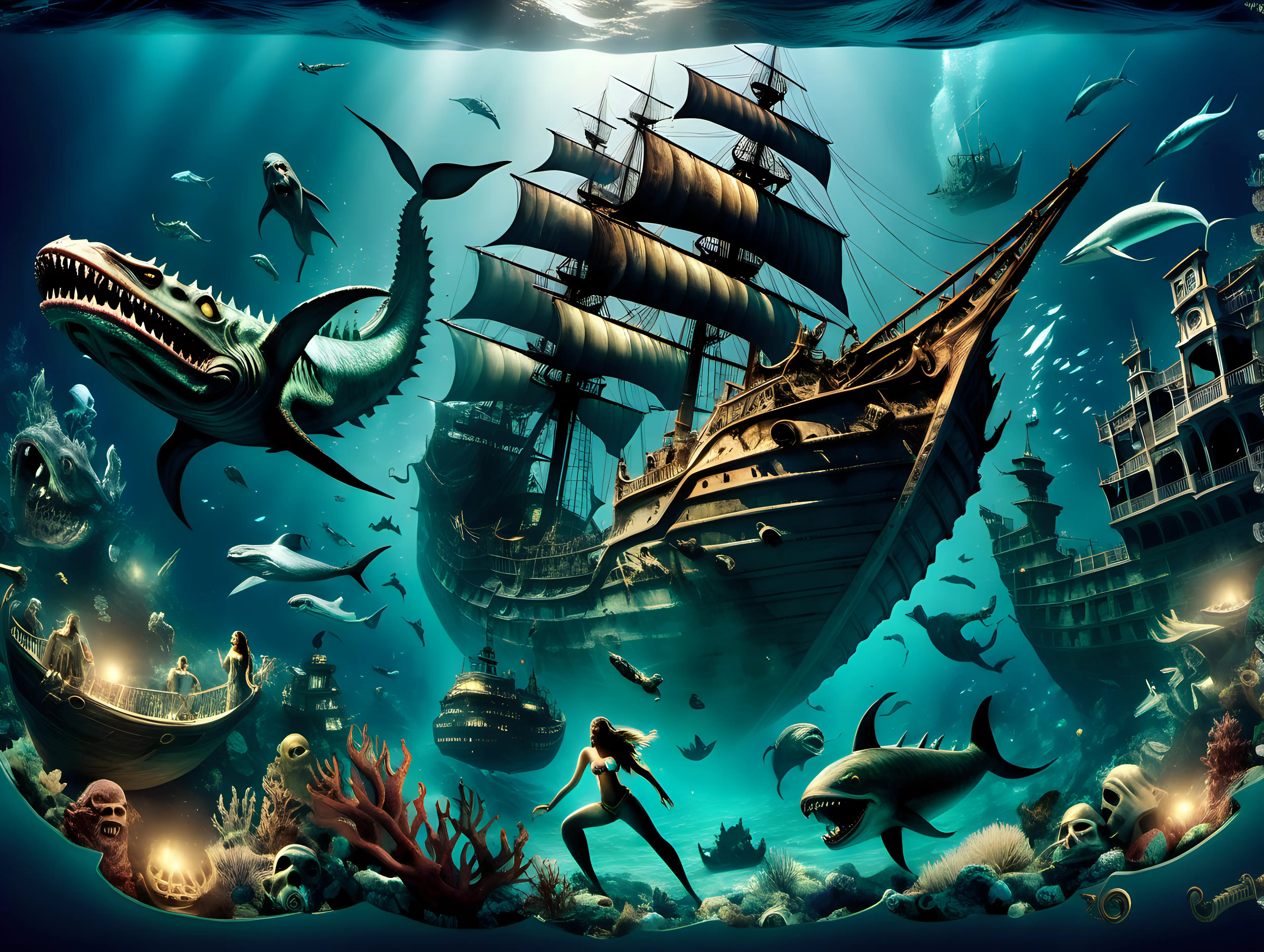 Atlantis with sea monsters and mermainds and pirate shipwrecks at the bottom of the ocean