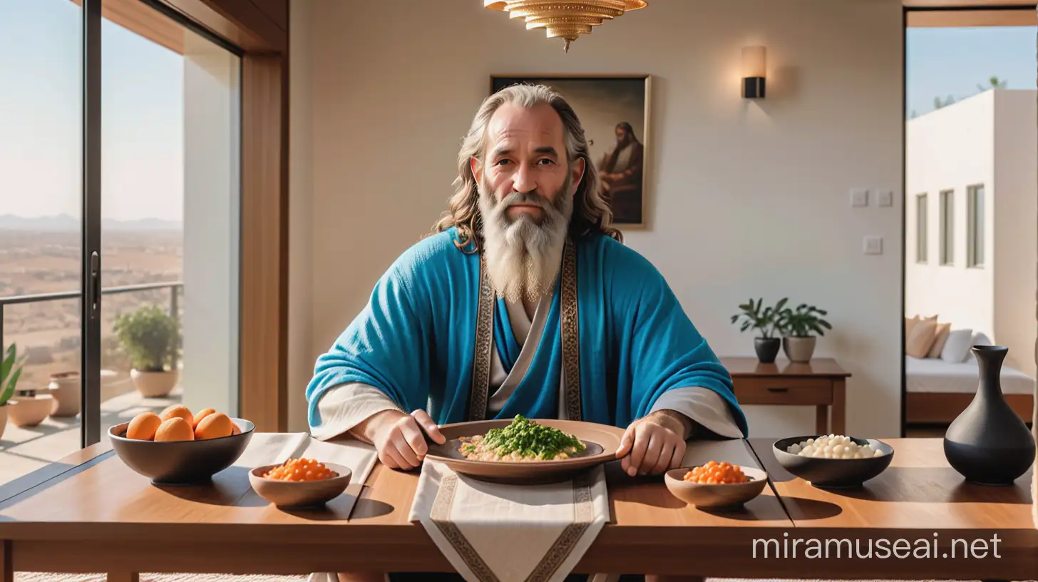 Moses sitting in a modern house at the seder