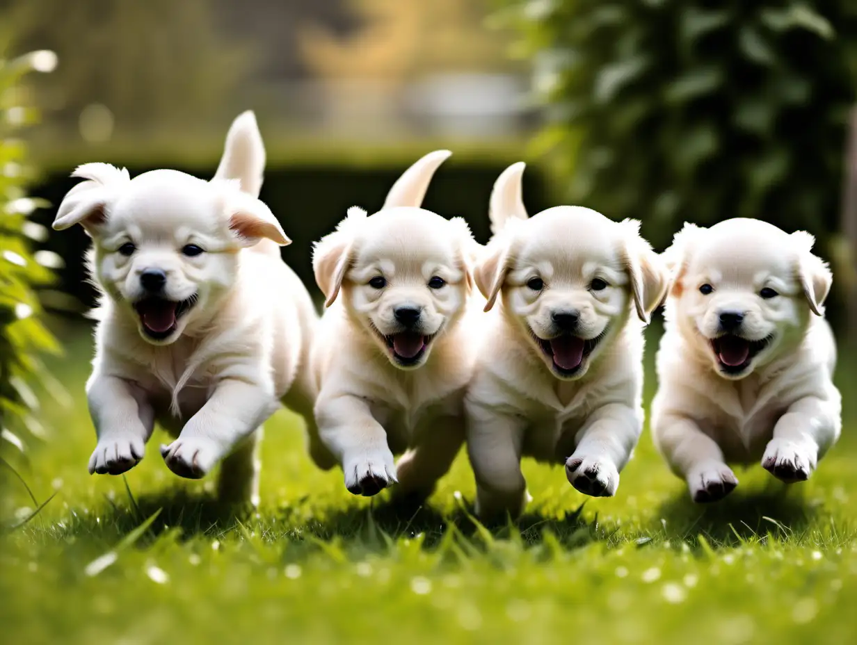 FOUR  Playful puppies in the garden running back Strong Wind