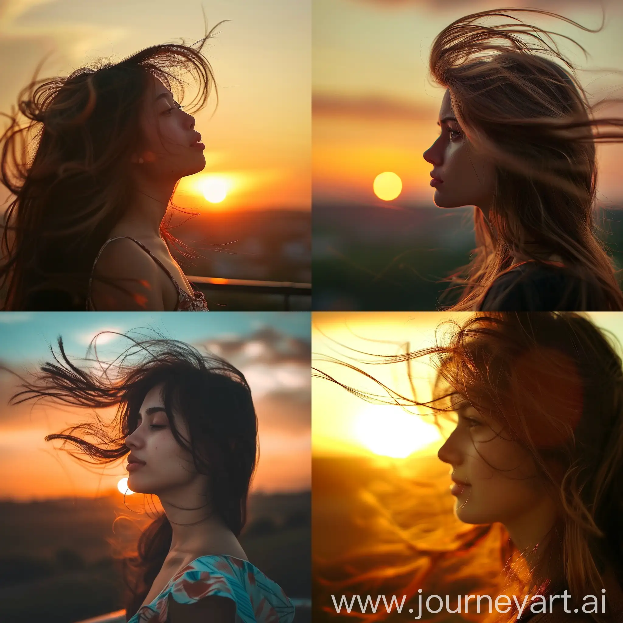 A young, pretty lady looking at the  in a sunsetting evening an her hair waving in the air