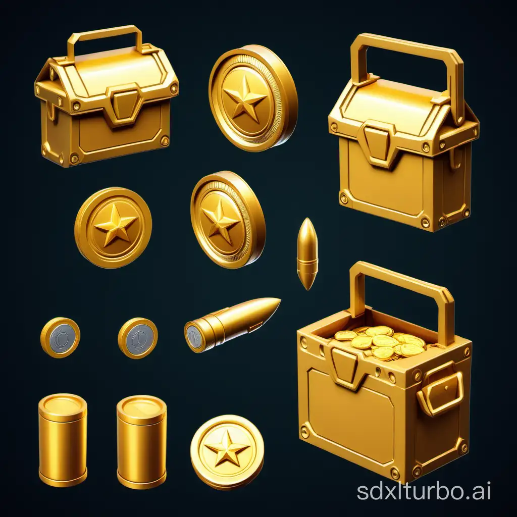 create 3d scifi game ui set with sharp edges, front view, clean, lights, minimal including: coin, bag of coin, bucket of coin, chest of coin, golden bullet, bag of golden bullet, golden bullet tape, golden bullet box