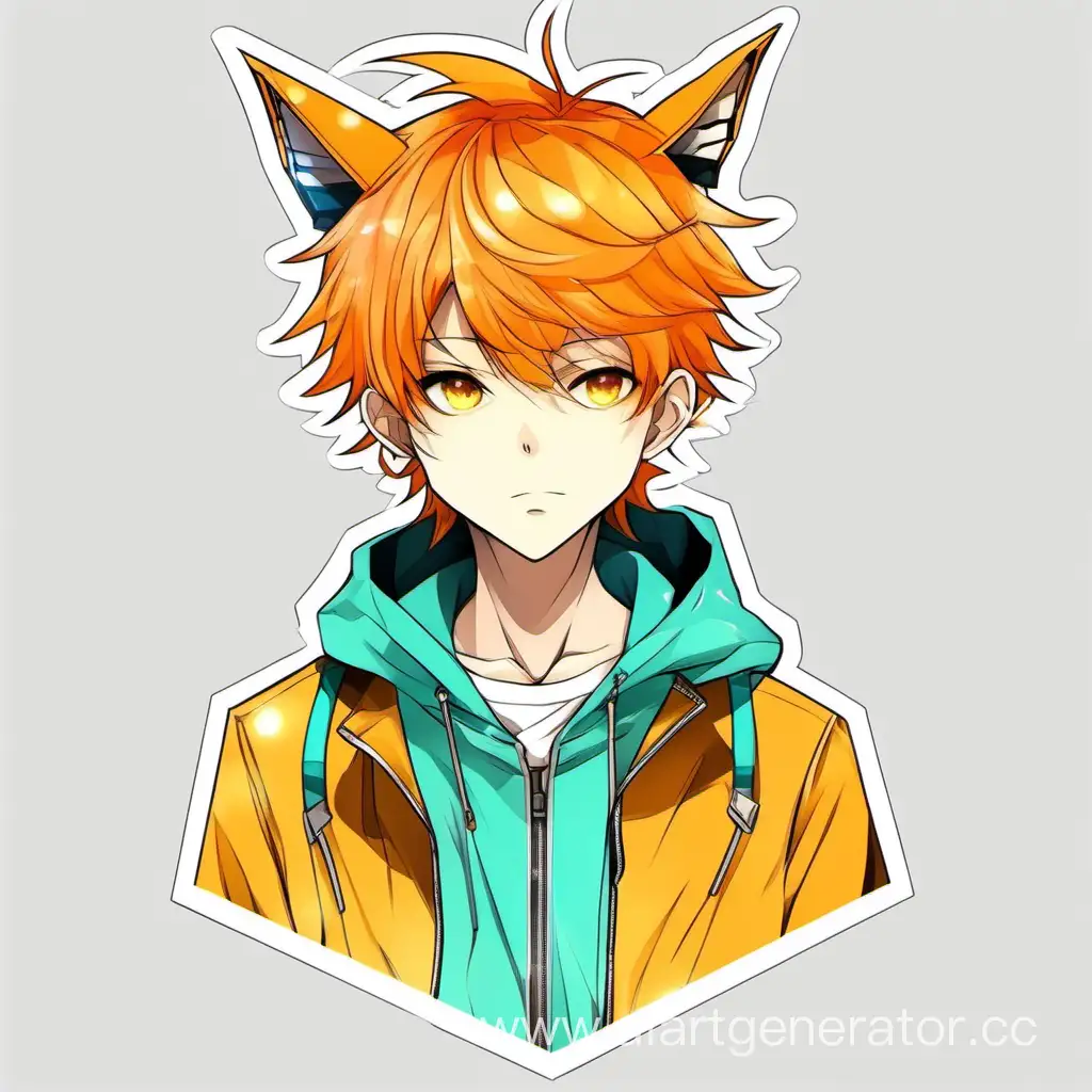 аниме персонаж с оранжевыми волосами желтой кофтой на которой расположены ушки бирюзового цвета мальчик на прозрачном фоне