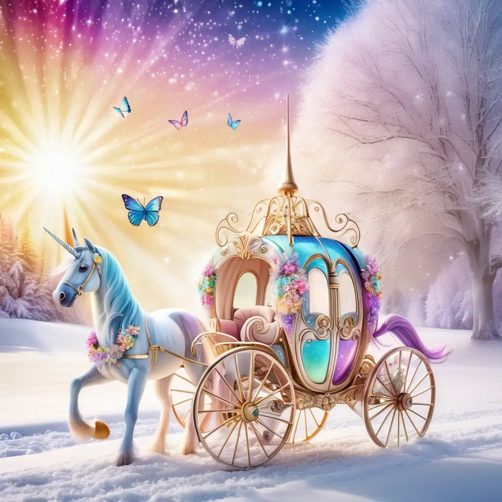 unicorn carriage, glittersplash, glitter dust, sparkle, in a beautiful winter country setting,  mother of pearl, sun rays, multi colored sky line, snow drop flowers and a butterfly