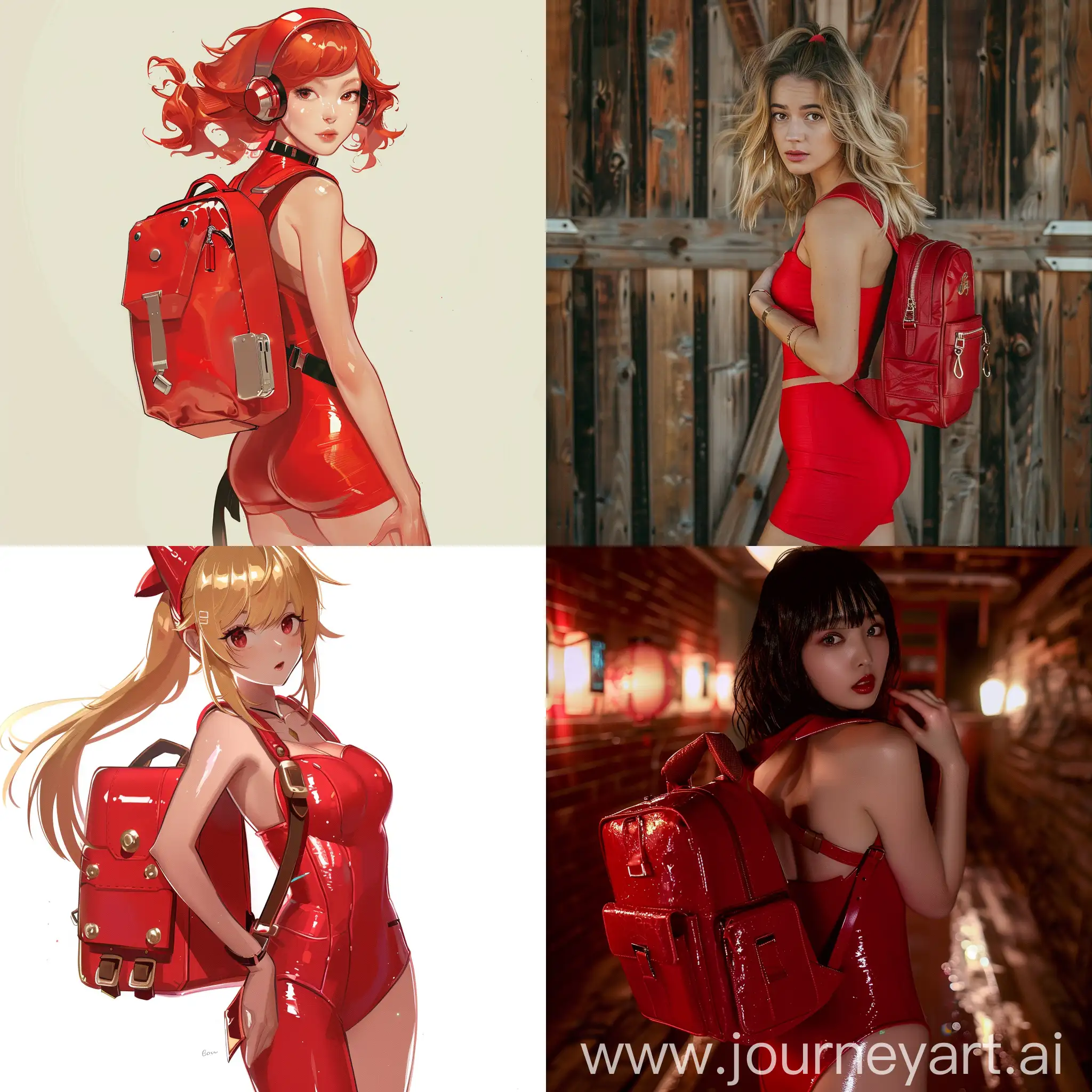 nami, red tight dress, red backpack