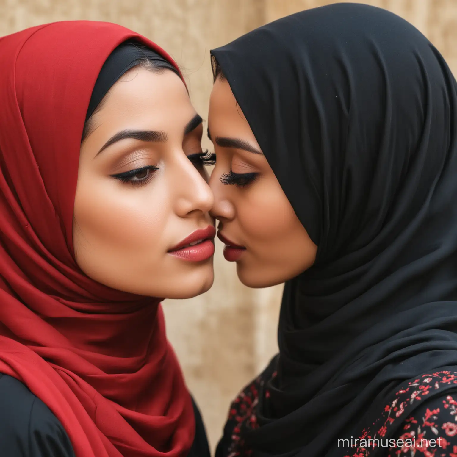 Beautiful Girls in Black and Red Hijabs Sharing a Kiss