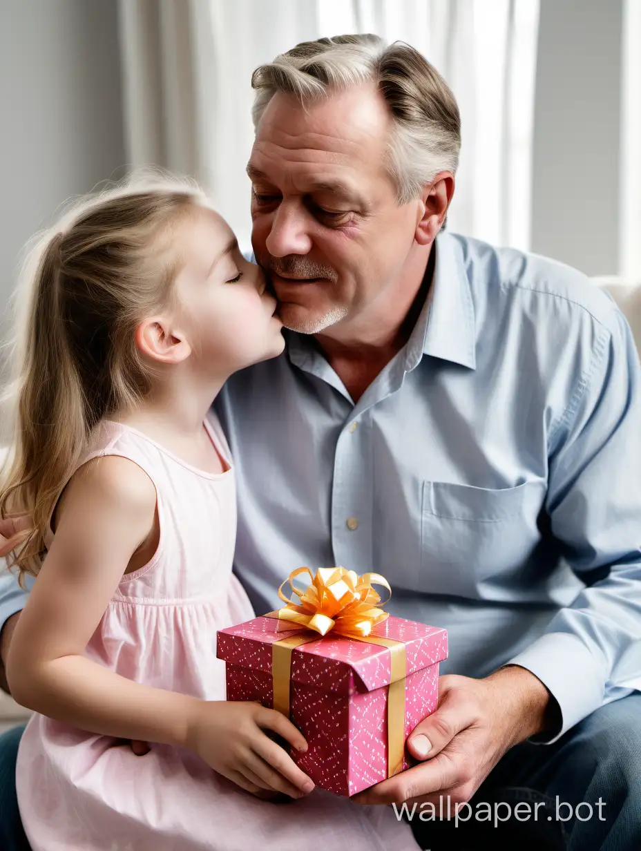 This is a real photo taken on Father's Day. The photo shows a middle-aged man and his daughter, both white Americans. The man is holding a gift box that was given to him by his daughter, and his daughter is The Cheek Kiss. The whole picture presents a warm scene. Caucasian