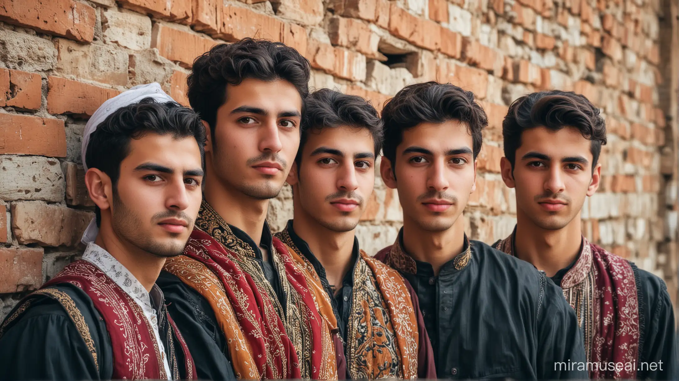 Close up photograph of three young Syrian men in traditional clothing against an old brick wall