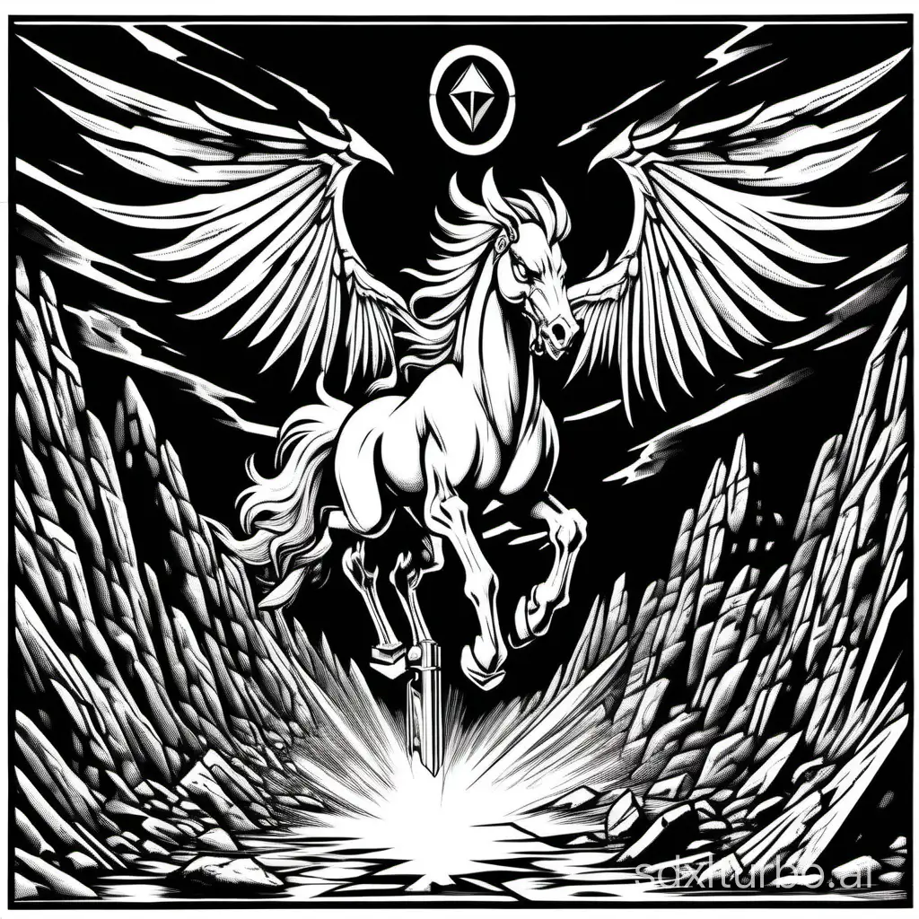 style of 1980 Dungeons and Dragons, plain white background, a Pegasus, isolated in white, 1bit bw,