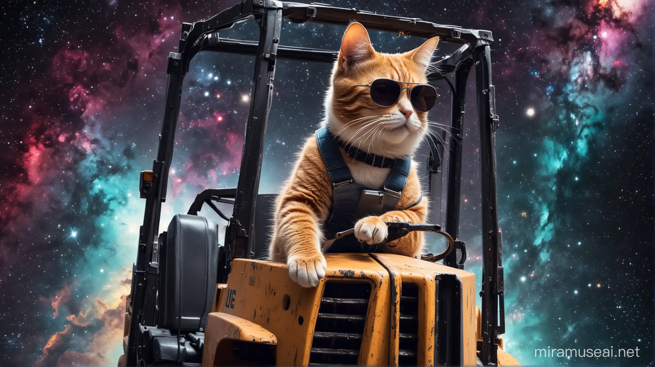 A cool cat in sunglasses riding a forklift in space