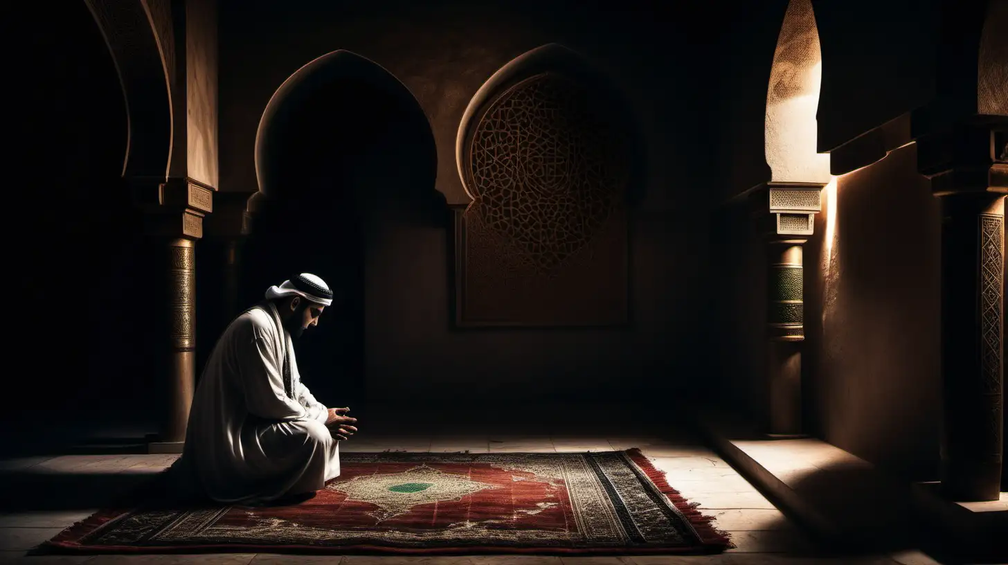 A dark landscape image of an ancient arab society deeply connected to islam, a man praying within his ancient home 16:9