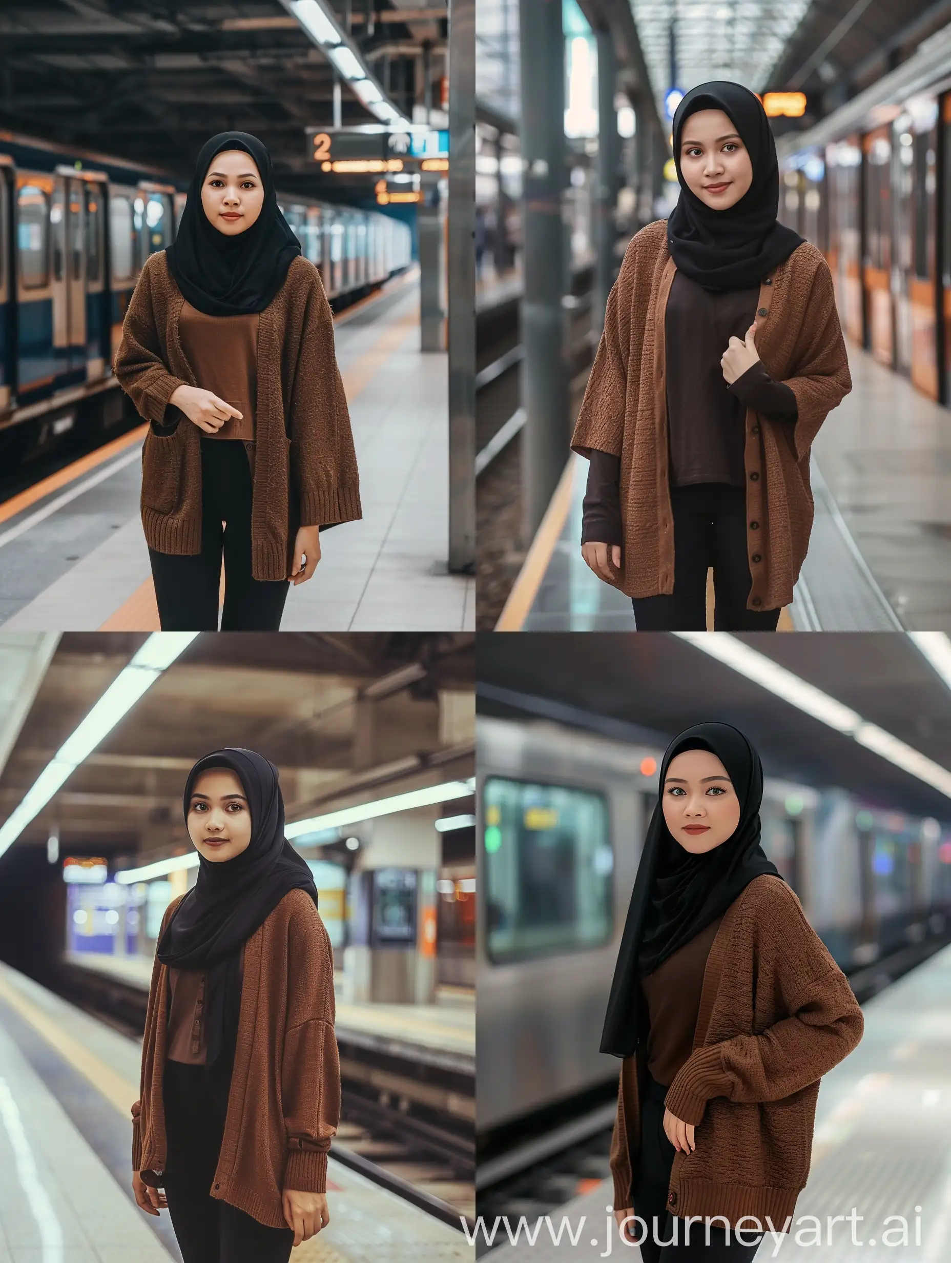 An indonesian woman wearing black hijab, wearing brown cardigan, and wearing black legging pants. Standing in a train station