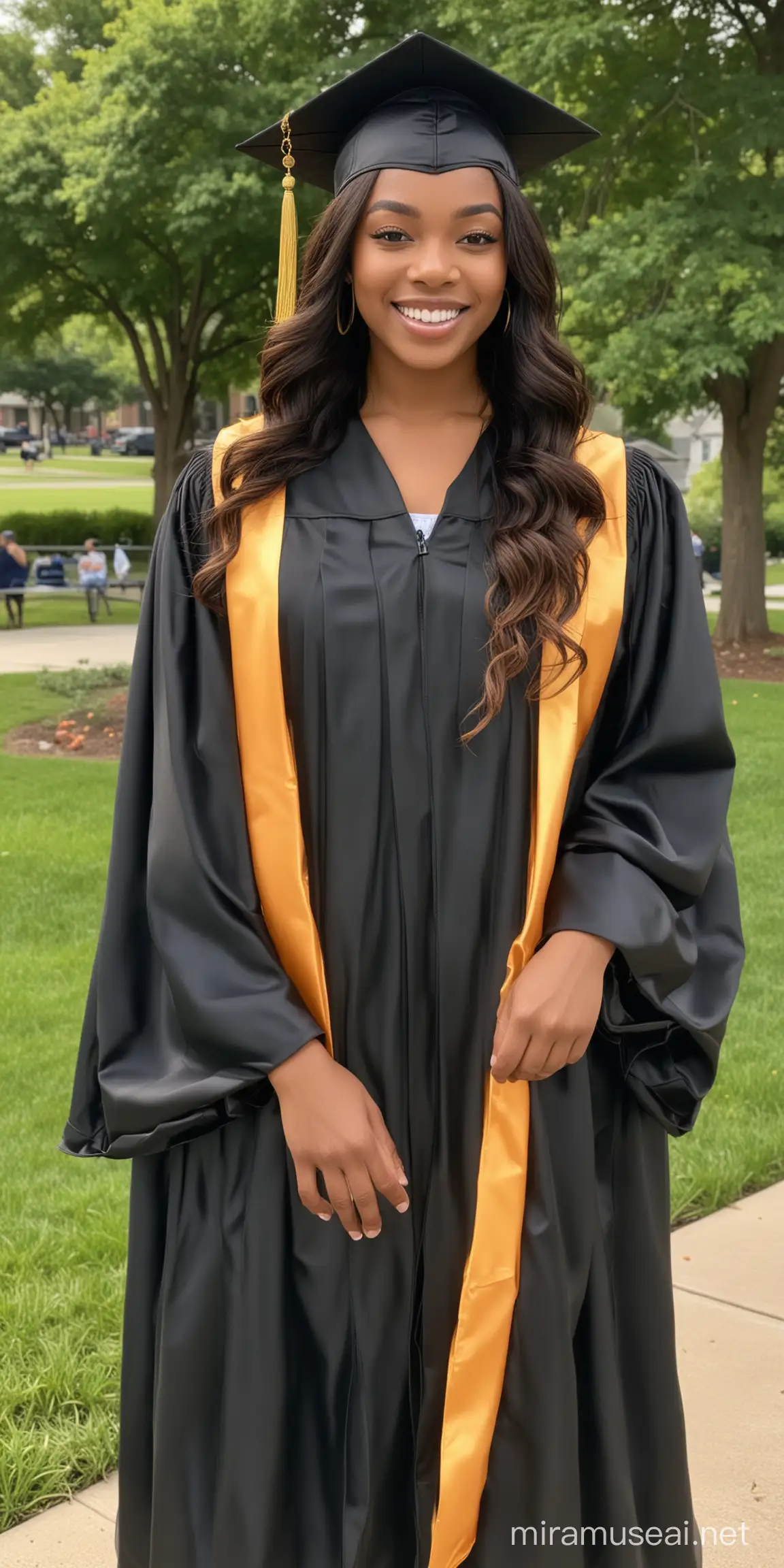 african American female with caramel skin and long wavy black hair wearing a graduation cap with a 2024 tassel and gown graduating with honors standing outside